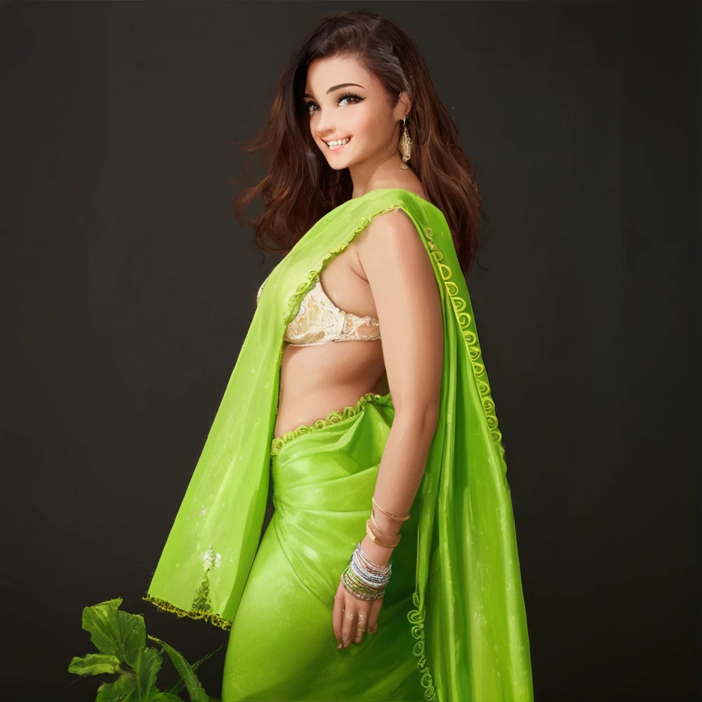 Expose cleavage, large back,large ass,large breast,looking cute,white body colour,cute smile,teeth is visible,