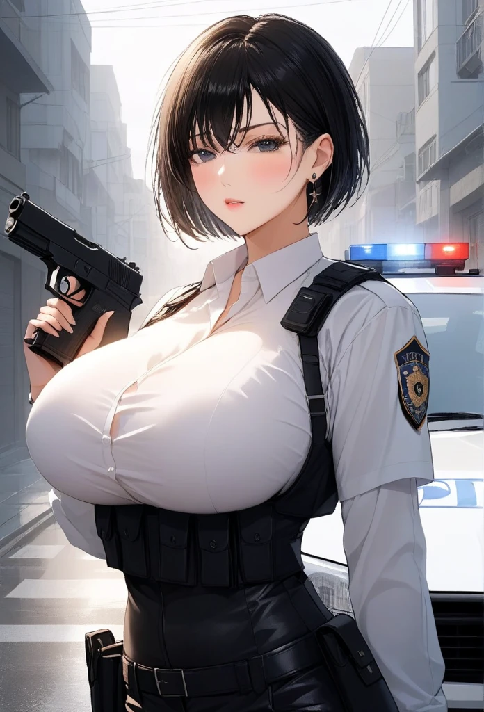 ((best quality, 8k, masterpiece: 1.3)), sharp: 1.2, Perfect body beauty: 1.4, Slim abdominal muscles: 1.2, ((short Hairstyle, Large Breasts: 1.2)), (wet White Long Shirt: 1.1), (Bulletproof police car, street: 1.2), wet: 1.5, Highly detailed face and skin texture, Delicate eyes, Double eyelids, Look sideways at the camera, White police uniform, tall and big, Army insignia, bulletproof vest, Intercom, Female soldier aiming pistol at camera, Armed at all points, Black leather pants, Special Forces, big hoops earrings ,deep cleavage