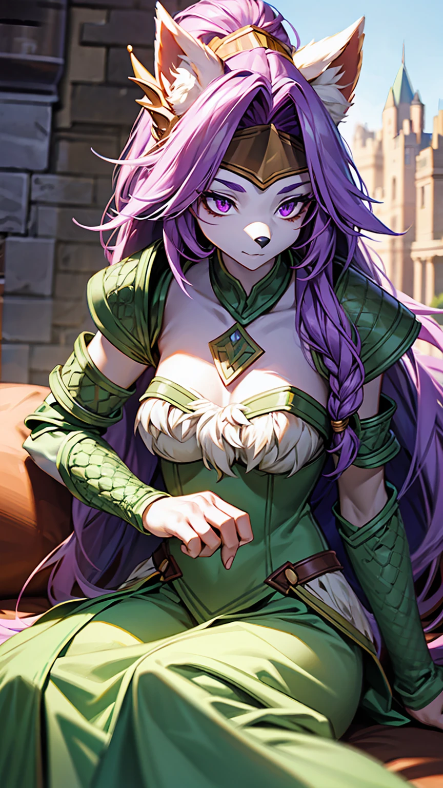 Sierra, (White corner:1.1), Furry female anthropomorphism, Wolf Girl,Unicorn horn forehead ornament, Purple Hair, Long Hair, Portraiture, close, Purple eyes, (Green armor:1.2), Fur trim, alone, (Body hair:1.2), (Highest quality), (detailed castle background:1.2), Dramatic lighting, (Fluffy fur with attention to detail:1.1), View your viewers, Medium chest, Purple eyes, whole body,For rest,Sitting