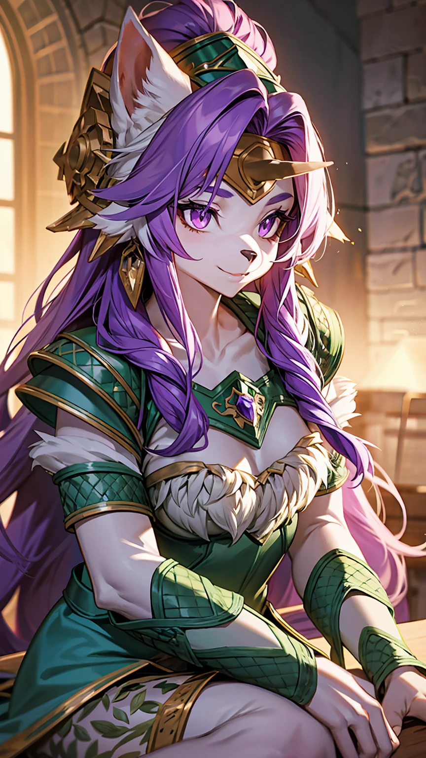 Sierra, (White corner:1.1), Furry female anthropomorphism, Wolf Girl,Unicorn horn forehead ornament, Purple Hair, Long Hair, Portraiture, close, Purple eyes, (Green armor:1.2), Fur trim, alone, (Body hair:1.2), (Highest quality), (detailed castle background:1.2), Dramatic lighting, (Fluffy fur with attention to detail:1.1), View your viewers, Medium chest, Purple eyes, whole body,For rest,Sitting