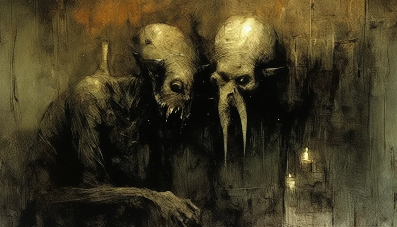 Dave McKean Style - The CORINTHIAN Daemon character,,Dramatic dynamic portrait Dave McKean Art Style,,eerie atmosphere,, Grimdark gritty texture,, subtle hints of gore in mouth corner, teeth in orbital sockets,,holding wispy flamed black candle , with smoke plumbing. Grotesquely oninous he stands over the edge of a bed, silloet of a man in it.