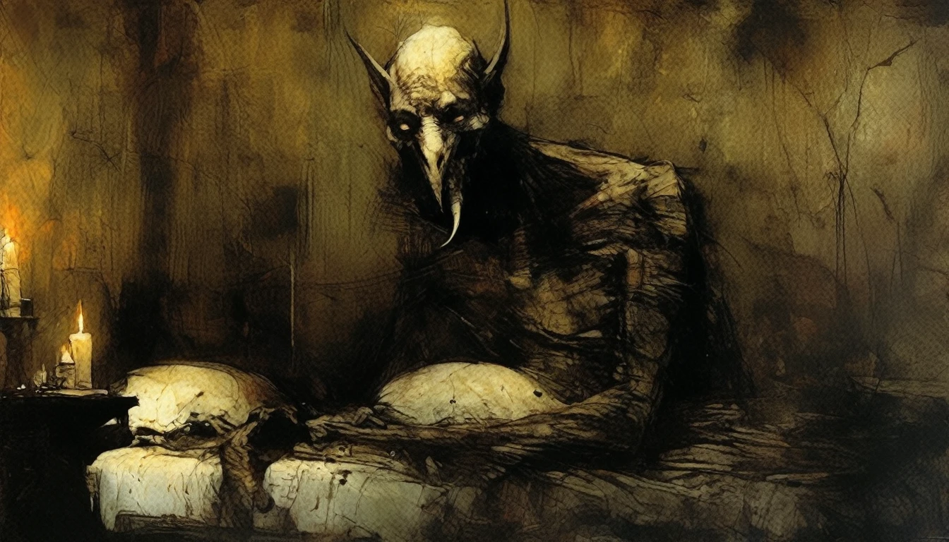 Dave McKean Style - The CORINTHIAN Daemon character,,Dramatic dynamic portrait Dave McKean Art Style,,eerie atmosphere,, Grimdark gritty texture,, subtle hints of gore in mouth corner, teeth in orbital sockets,,holding wispy flamed black candle , with smoke plumbing. Grotesquely oninous he stands over the edge of a bed, silloet of a man in it.