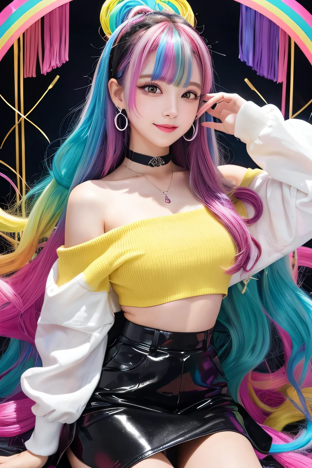 gorgeous high school girl idol、whole body、good style、、、、、Colorful slime covered miniskirt uniform、Colorful hair covered in slime、sitting at the desk