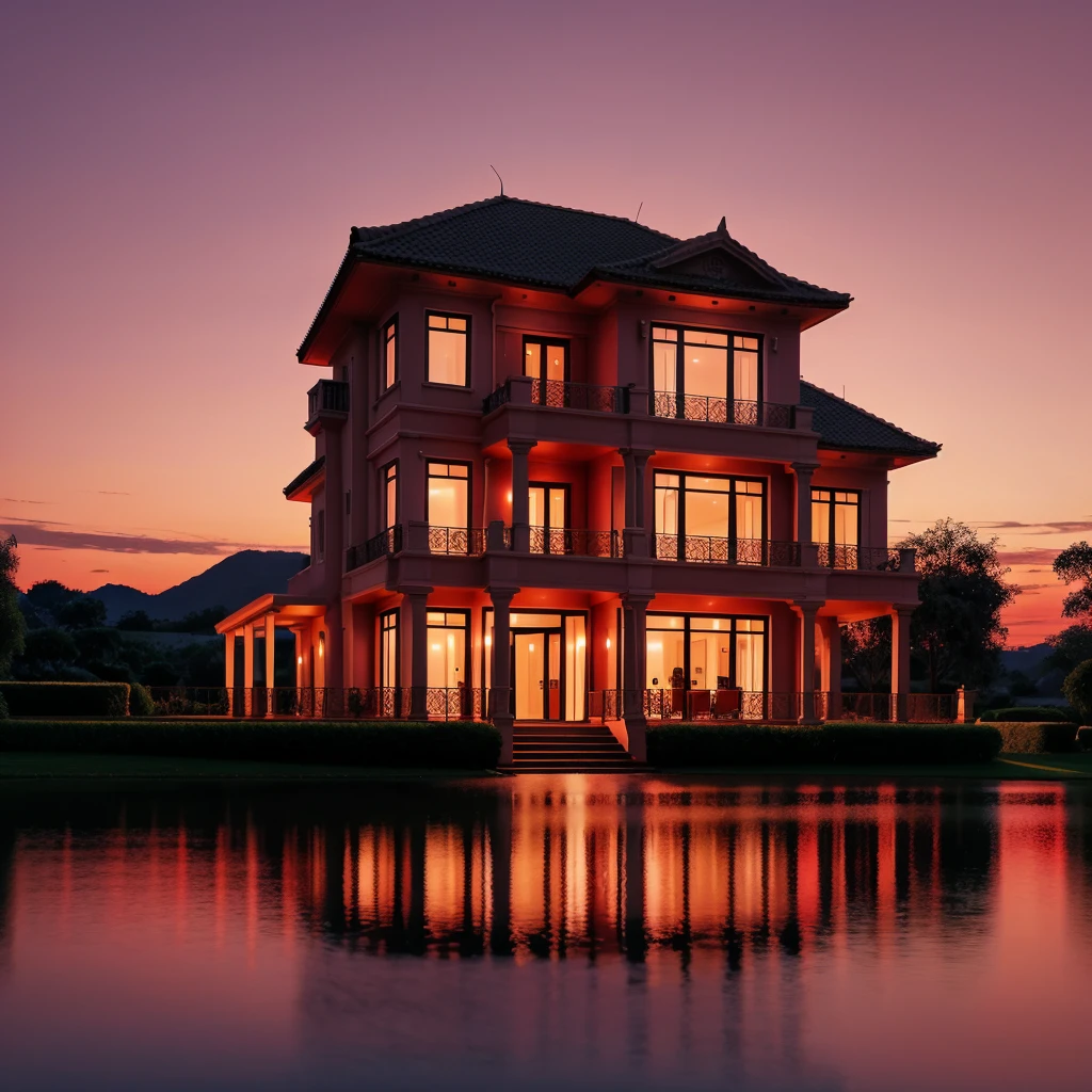 A beautiful calm elegant house, in the night make red sky and red light blend