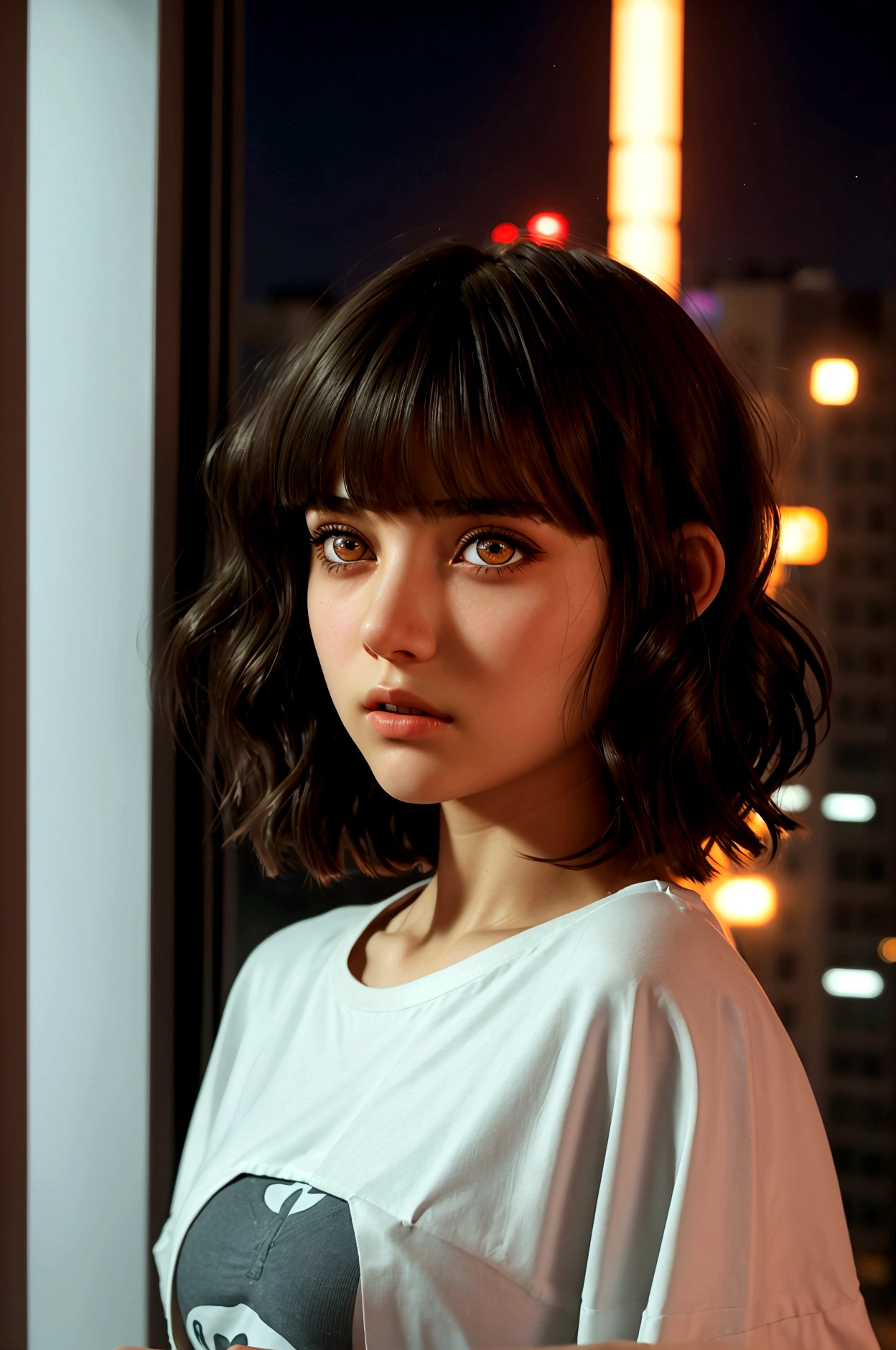 cinematic realistic portrait, front face, of a young girl, adolescent, (Lebanese), fly away, long t-shirt, minimal style, Beautiful woman, ((short wavy hair with bangs)), ((amber eyes)), Pursed lips, night in an apartment, window to the city, neon lights
