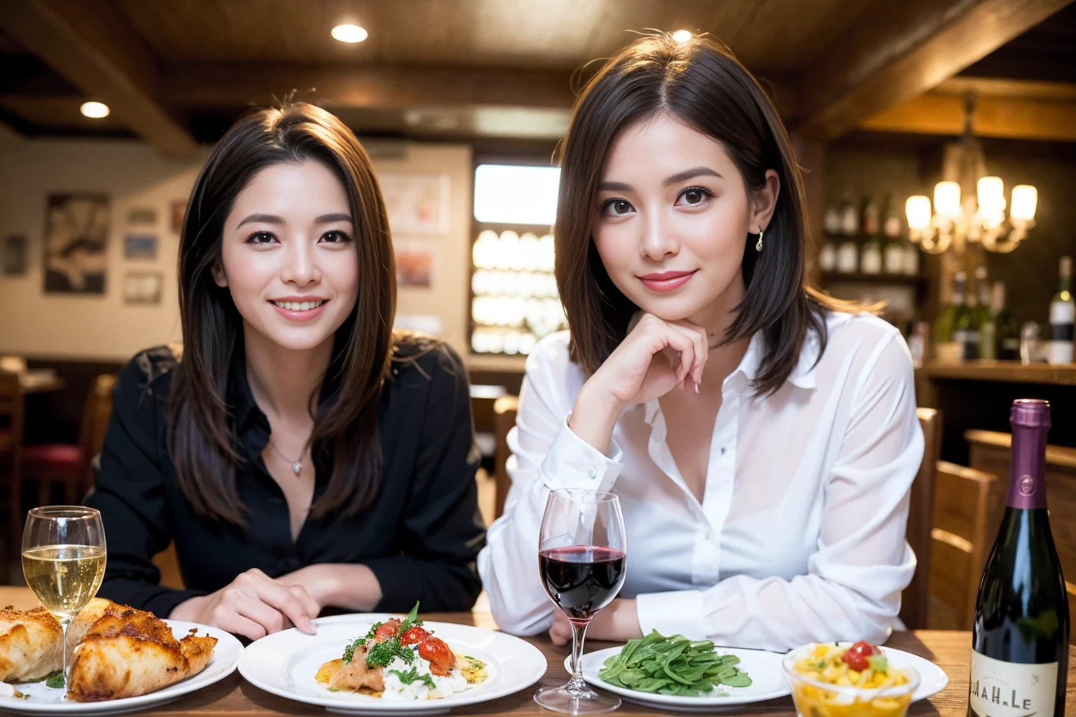 ((Highest quality、、masterpiece:1.3))、1 male、1 female、spouse、Beautiful couple、smile、full-course dinner、 (Slim face), (the body is スリム), (Brown Hair), (Shortcuts), ((Bob Hale、Straight hair:1.2)), テーブルの上のwine glass、Put the light on your face、 Amazing view of the sunset sky and clouds、smileの美しさ、Bright image、Blushing, Shortcuts, (43 years old), 39 years old, Appetizers、Italian food、Wine bottle、Champagne、sparkling wine、Long sleeve shirt、dress、Attractive beauty、restaurant, Nova Frog Style, actress, model, Upper Body, White wine, red wine, wine glass, 
