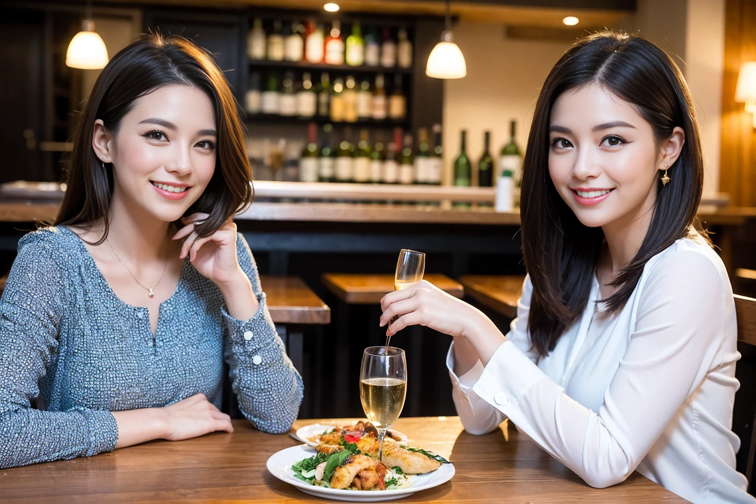 ((Highest quality、8K、masterpiece:1.3))、1 male 1 female、lover、Beautiful couple、Happy smile、full-course dinner、 (Slim face), (the body is スリム), (Brown Hair), (Shortcuts), ((Bob Hale、Straight hair:1.2)), テーブルの上のwine glass、Put the light on your face、 Amazing view of the sunset sky and clouds、The beauty of a smile、Bright image、Blushing, Shortcuts, (Age 35), 39 years old, Appetizers、Italian food、Wine bottle、Champagne、sparkling wine、Long sleeve shirt、dress、Attractive beauty、restaurant, Nova Frog Style, actress, model, Upper Body, White wine, red wine, wine glass,