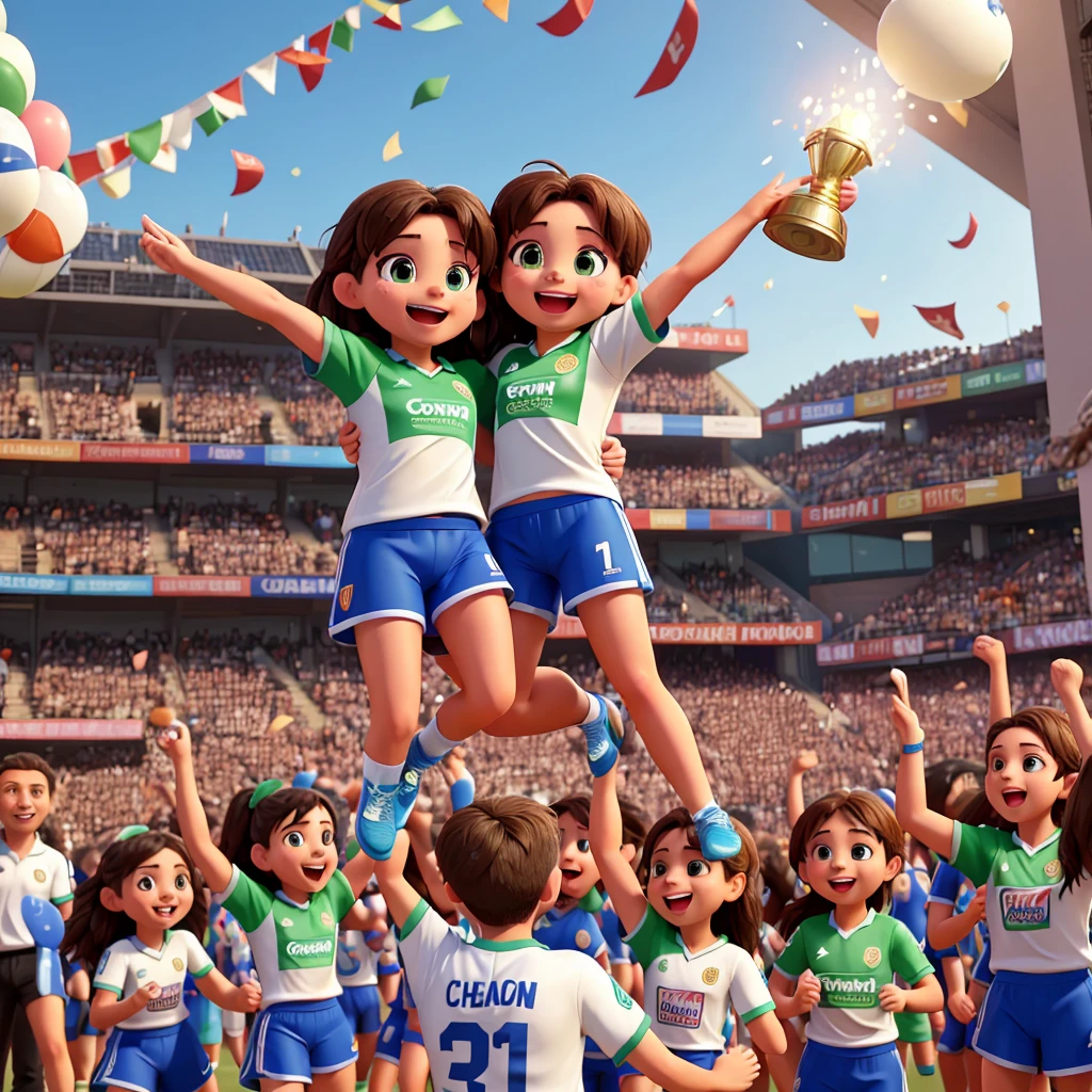 
General description:
 * scene: A group of people celebrating the promotion of Córdoba CF to the second division 
 * Emotion: happiness, euphoria, triumph.
 * colors: White and green colors predominate. 
 * elements:
   * Team players hugging, lifting trophies or hearts, jumping for joy.
   * Fans celebrating in the stands or in the street.
   * Letters, flags and other festive elements with the name and logo of Córdoba CF .
   * Confetti, fireworks or other special effects.
Examples of sentences:
 * "Champions! The team celebrates its promotion in a night full of joy and emotion."
 * "Tears of joy and hugs of champions: This is how the team rises."
 * "Euphoria unleashed: the city throws itself into celebrating the team&#39;s promotion."
 * "A dream come true: The team achieves promotion after a season full of effort and sacrifice."
 * "Endless party! The team and its fans celebrate the promotion in style."
Additional details:
 * You can specify the sport your team plays.
 * You can include the name of the team and the championship they have won.
 * You can mention some of the highlights of the season.
 * Can you describe the reaction of the fans to the promotion?.
Use the previous photos, but the shirts must be white and green striped 