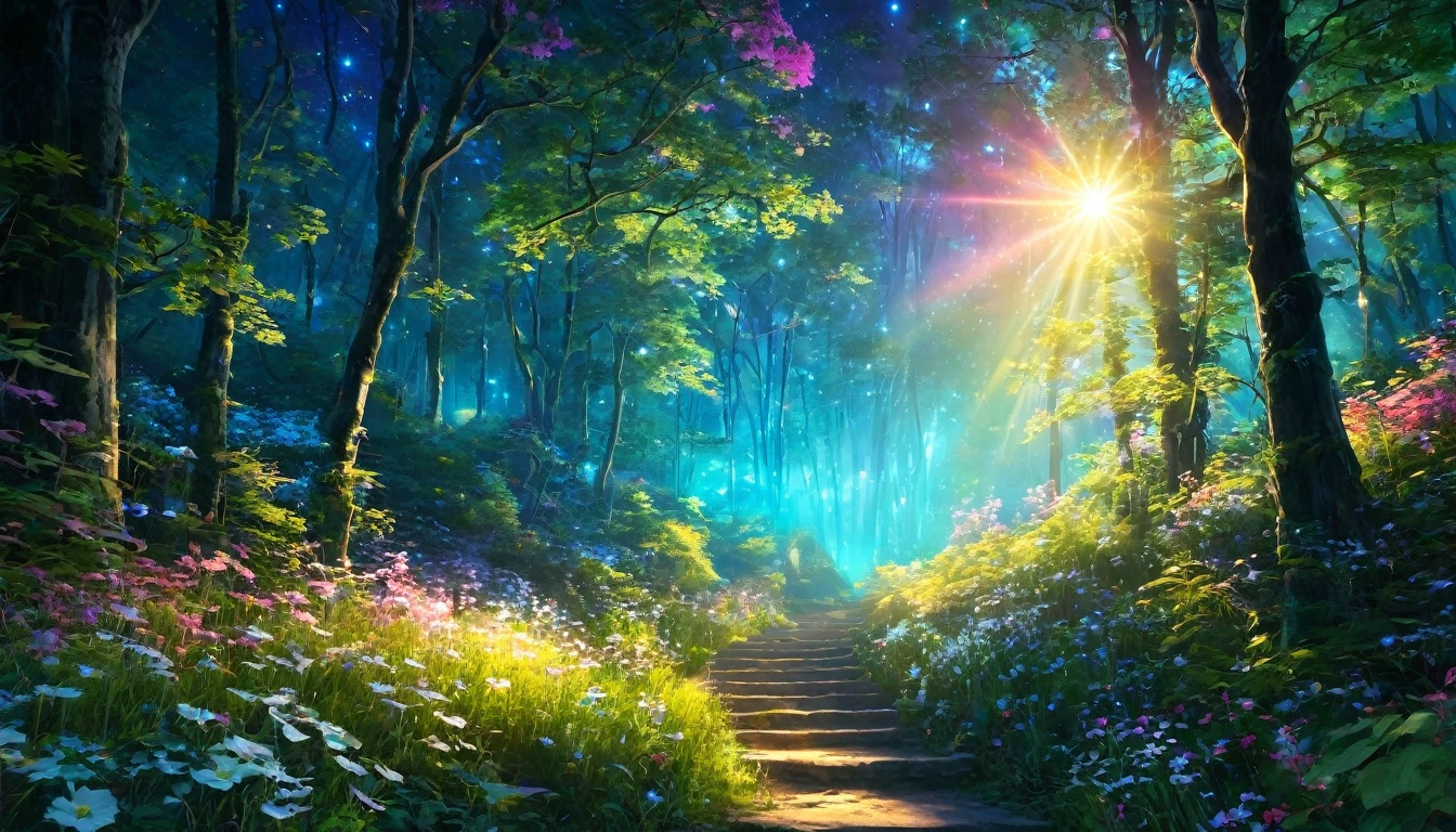 Night Light、forest、大forest林、Portrait Photography、{{masterpiece}}, Highest quality, Highly detailed 8k wallpaper, Cinema Lighting, Lens flare, Beautiful detailed wood々, Night Garden, colorful light, particle, Heterochromia iridis, (colorful:1.5),