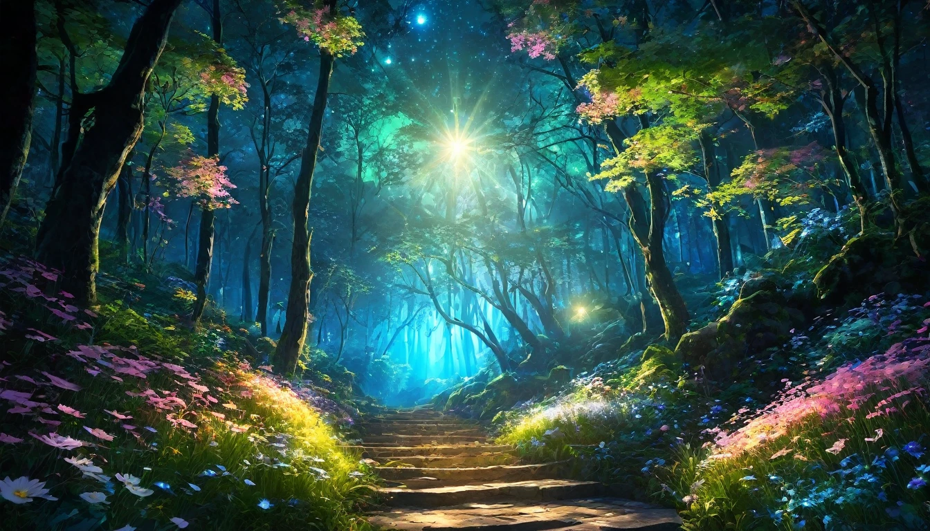 Night Light、forest、大forest林、Portrait Photography、{{masterpiece}}, Highest quality, Highly detailed 8k wallpaper, Cinema Lighting, Lens flare, Beautiful detailed wood々, Night Garden, colorful light, particle, Heterochromia iridis, (colorful:1.5), 