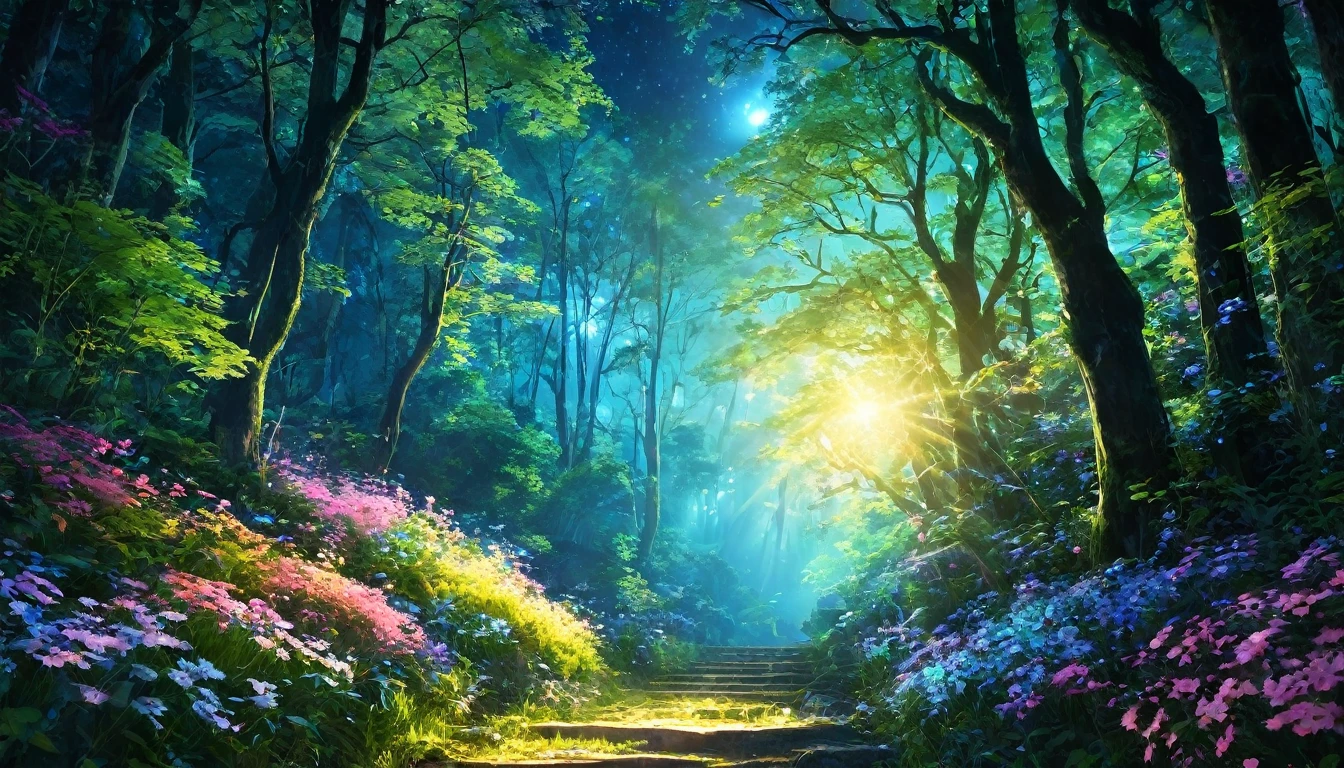 Night Light、forest、大forest林、Portrait Photography、{{masterpiece}}, Highest quality, Highly detailed 8k wallpaper, Cinema Lighting, Lens flare, Beautiful detailed wood々, Night Garden, colorful light, particle, Heterochromia iridis, (colorful:1.5),