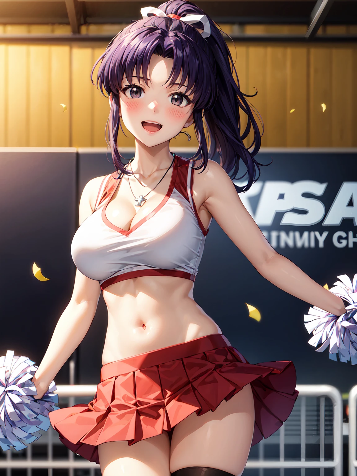 Masterpiece ,best quality , high resolution , ultra detail , colorful , soft light , mild light , sunlight , shinny , (perfect fingers , Detailed fingers, perfect hands) , (1 girl solo:1.38) , (Misato katsuragi) , (black eyes, ponytail , purple hair, medium_long_hair, make up, necklace, tall, slim body,) , (cheerleader , cheering , holding pom pom , skirt , navel , belly , stockings , head tilt) , (cleavage:1.15) , (big breast:1.1) , (outdoor , gym,Playing field,Cheerleading ,Strong winds,gale,ribbons flying,victory) , (standing cowboy shot) , ( full face blush , shy , smile , open mouth) , (face viewer , look at the viewer)