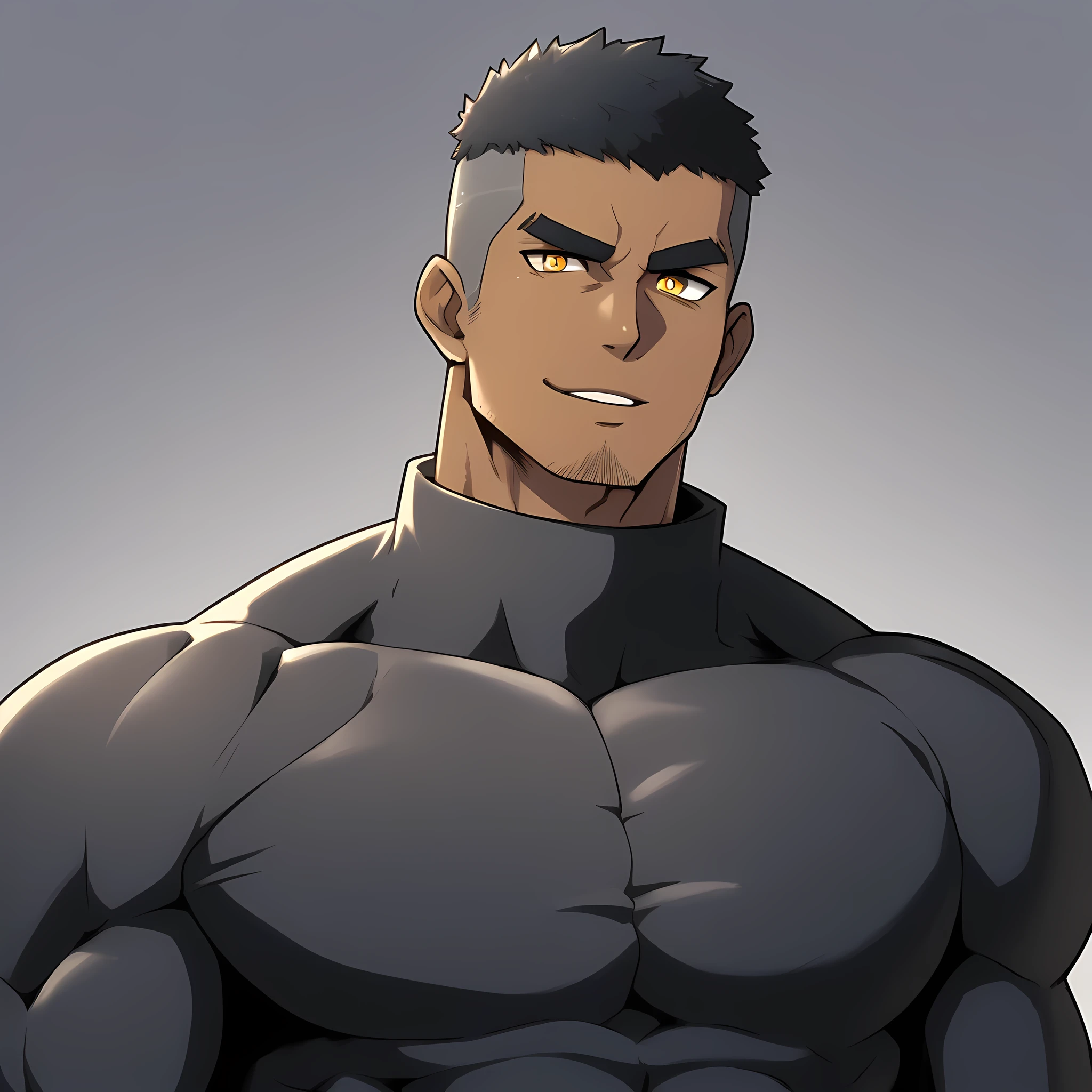 anime characters：Gyee, Muscle Sports Student, negro black skin, 1 dark skin muscular tough guy, Manliness, male focus, Dark grey high collar long sleeve wetsuit, Matte texture, Very tight, Round, full and perky chest muscles, Slightly transparent, muscular male, muscular, only, Upper body, alone, Black short hair, Thick eyebrows, stubble, Yellow eyes, Grey background, simple background, amazing quality, best aesthetics, Ridiculous, bright pupils, crew cut, parted lips, seductive smile, torogao, naughty face,  best quality