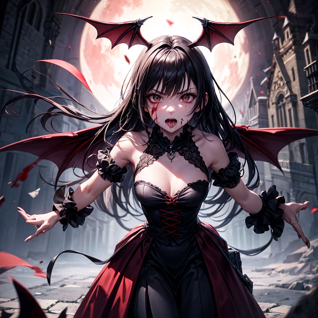 His chest was covered in blood、Anime girl with blood dripping from her chest, gapmoe Yandere grimdark, Devil anime girl, Shatia Bradfren, Bad guy anime 8k, Yandere intricate, portrait gapmoe ,European classical long dress, grimdark, Vampire Girl, bloody + Concept Art, Yandere, Anime style 4k, Open mouth and bite,Blood at the corner of mouth,Small tiger teeth,Devil Wings, Gothic girl anime long skirt,Red Moon,castle