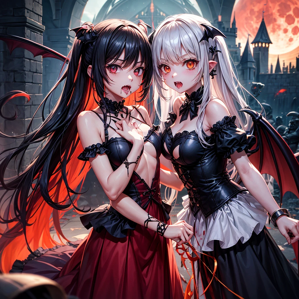 His chest was covered in blood、Anime girl with blood dripping from her chest, gapmoe Yandere grimdark, Devil anime girl, Shatia Bradfren, Bad guy anime 8k, Yandere intricate, portrait gapmoe ,European classical long dress, grimdark, Vampire Girl, bloody + Concept Art, Yandere, Anime style 4k, Open mouth and bite,Blood at the corner of mouth,Small tiger teeth,Devil Wings, Gothic girl anime long skirt,Red Moon,castle