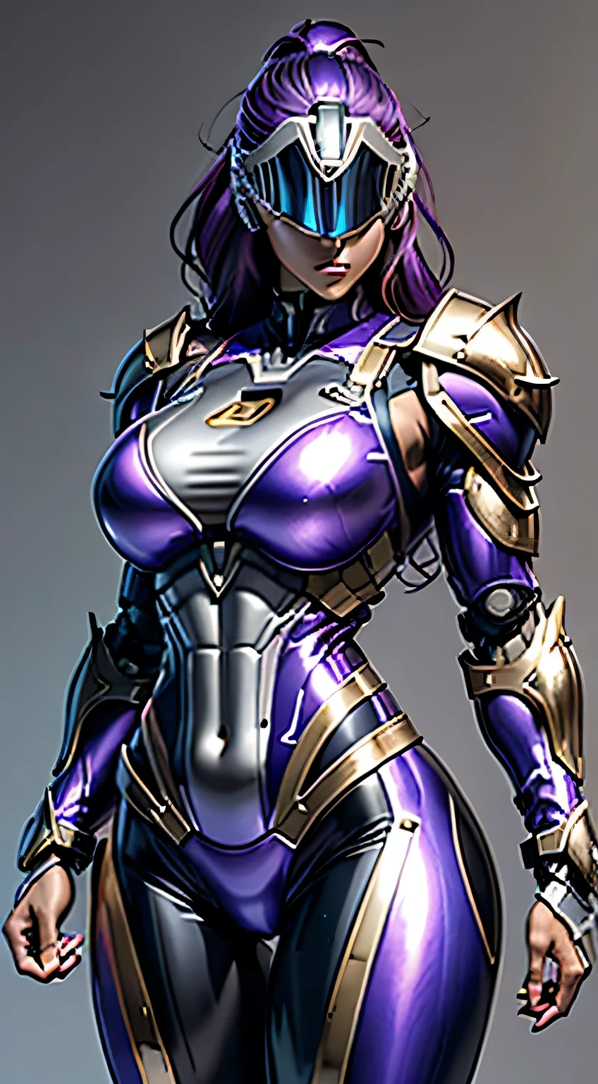 Female Robocop Solo、Bright outdoors、strong light source、8K, high quality, masterpiece, 最high quality, Crisp contrast、Very detailed、Full body armor、Very large armor、Helmet covering the head、Clear photos、His eyes are hidden by thin straight goggles:1.3、The lower half of the face is raw々Shii:1.5、The lower half of the face is exposed、Seductive lips、Metallic purple metallic armor、Armor that completely covers the chest、Long, slender legs、Vibrant Posselo Body View,Big and ample breasts:1.5, (Sports Body:1.5)、Five Fingers、Hold a handgun、In the city