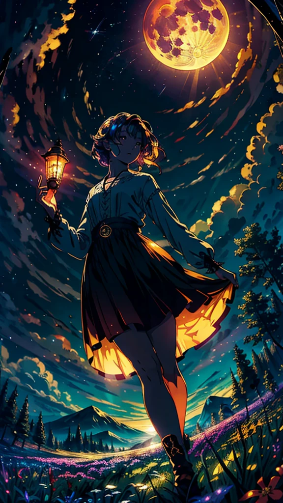 Expansive landscape photograph , (View from below,Displays the sky above and the clearing below), a girl standing on flower field looking up, (full moon:1.2), ( meteors:0.9), (Starcloud:1.3), Far Mountain, tree BREAK
production art, (Warm light source:1.2), (Firefly:1.2), lamp lights, lots of purples and oranges, Intricate details, Volumetric lighting BREAK
(Masterpiece:1.2), (Best quality), 4K, Ultra-detailed, (Dynamic composition:1.4), Highly detailed, Colorful details,( Iridescent colors:1.2), (luminouslighting, Atmospheric lighting), Dreamy, magical, (Solo:1.2)