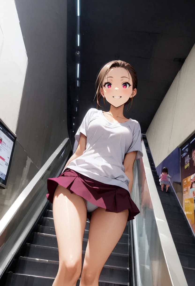 shoot from behind、shoot from below、escalator、I can see her panties、Butt、mini skirt、Hair back、back、Private Server、Girl、Girl、Short、Younger、Baby Face、Dynamic Angle、smile、Both eyes open、Voyeur style