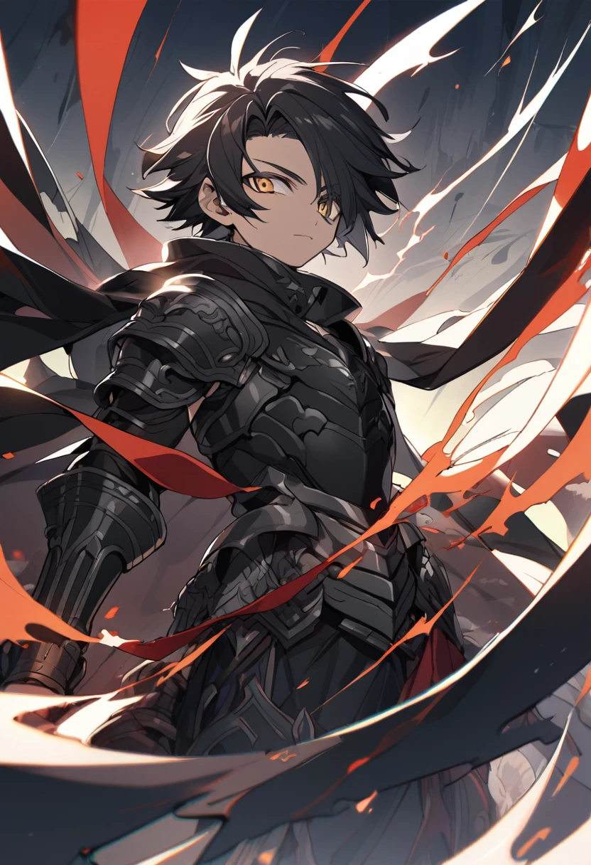 14 year old male with shoulder length black hair wearing dark armor with grayish highlights Shingo Araki style