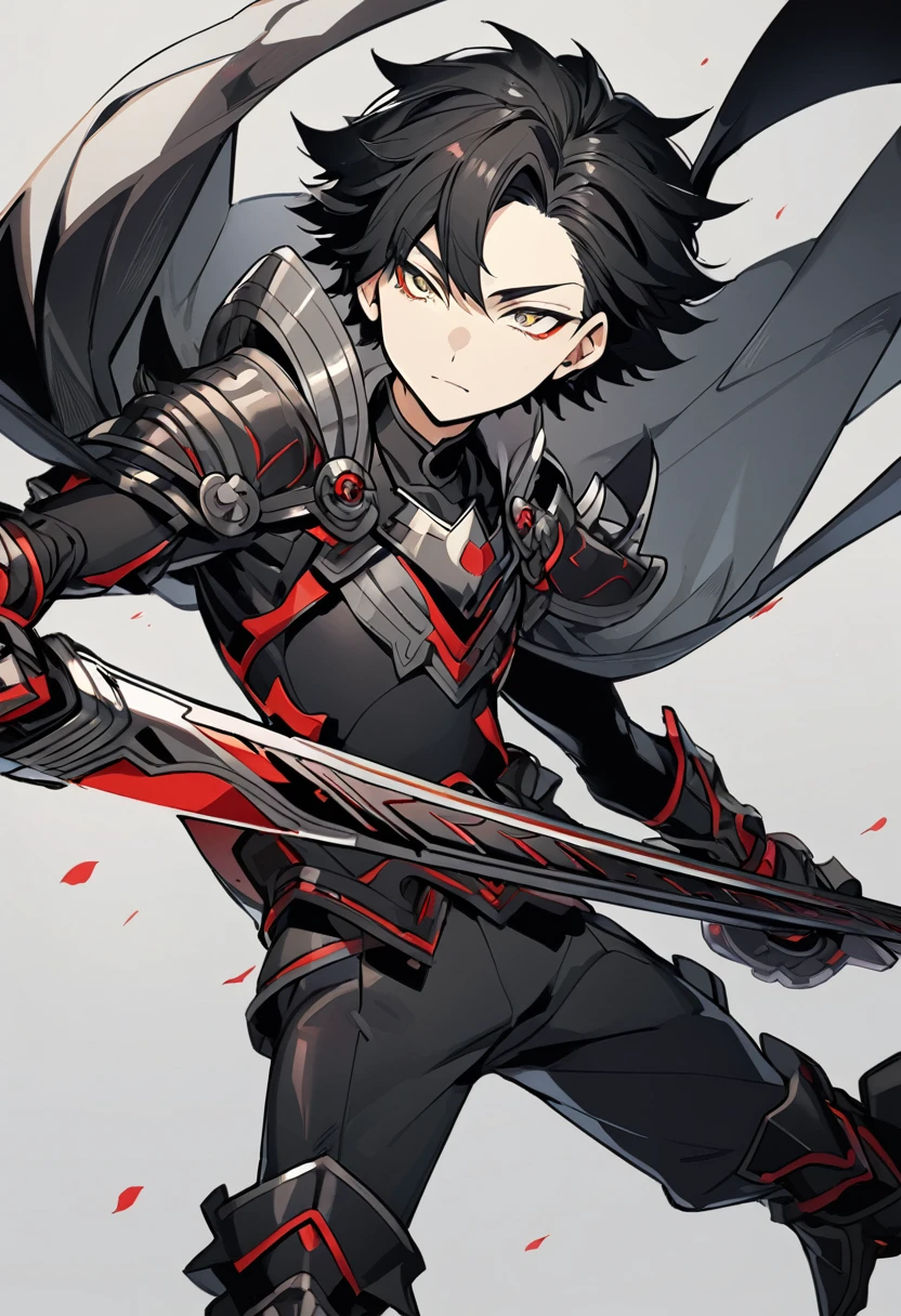 14 year old male with shoulder length black hair wearing dark armor with grayish highlights Shingo Araki style