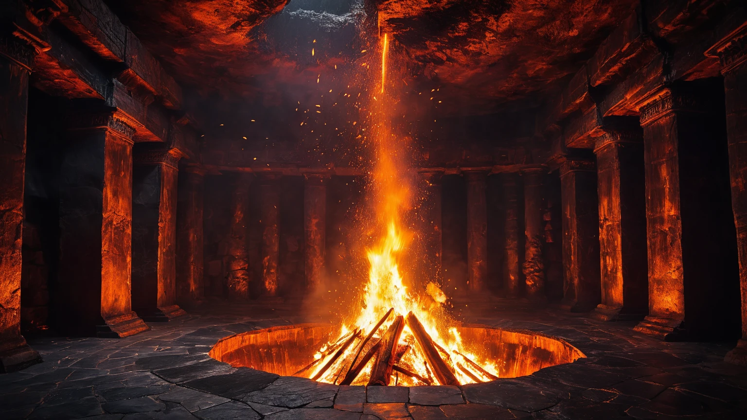 interior of a large dark chamber with a fiery pit with a overpowering raging fire & lighting strikes, fire, embers, ritual, epic, fantasy, underground, background