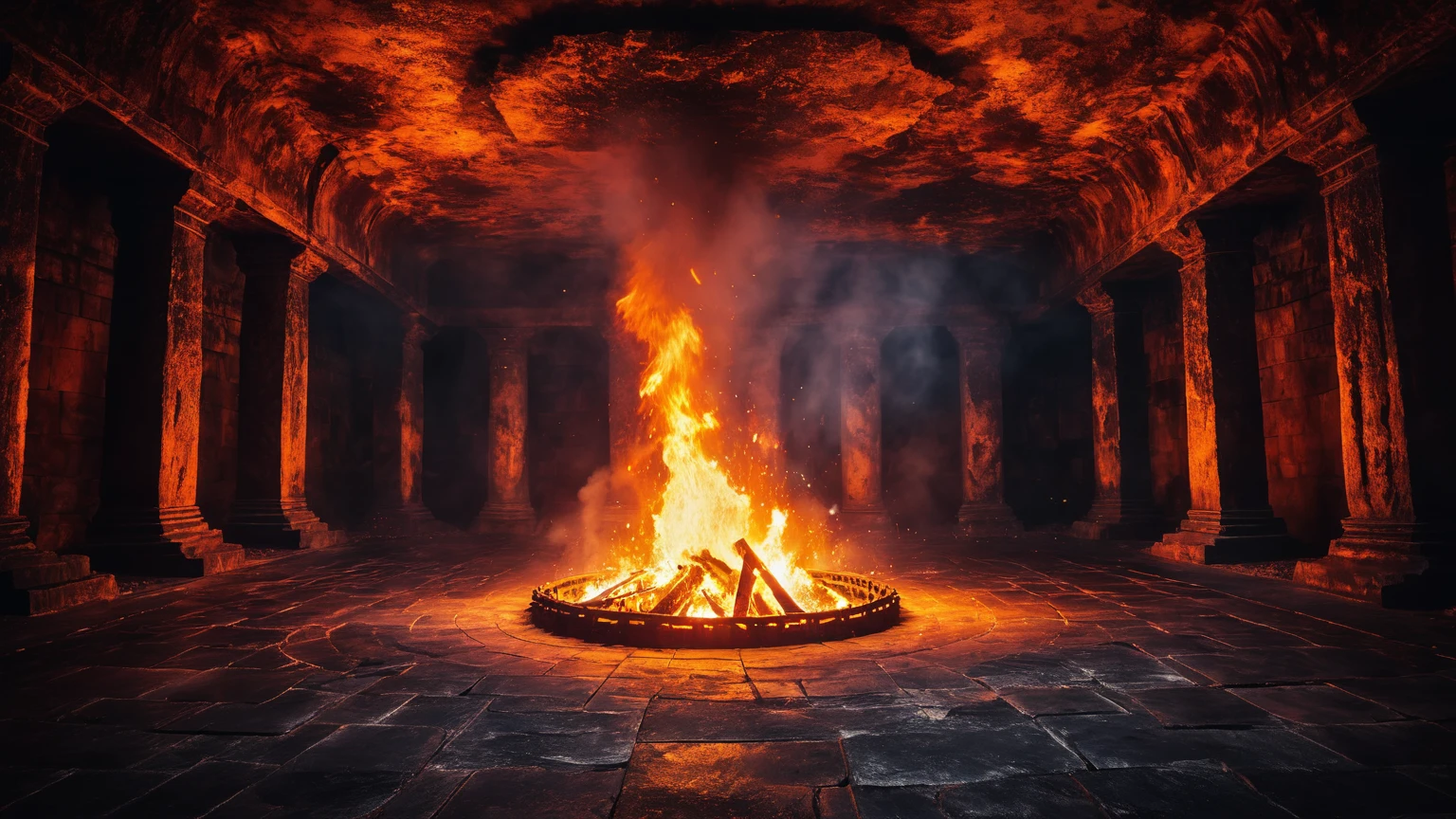 interior of a large dark chamber with a fiery pit with a overpowering raging fire & lighting strikes, fire, embers, ritual, epic, fantasy, underground, background