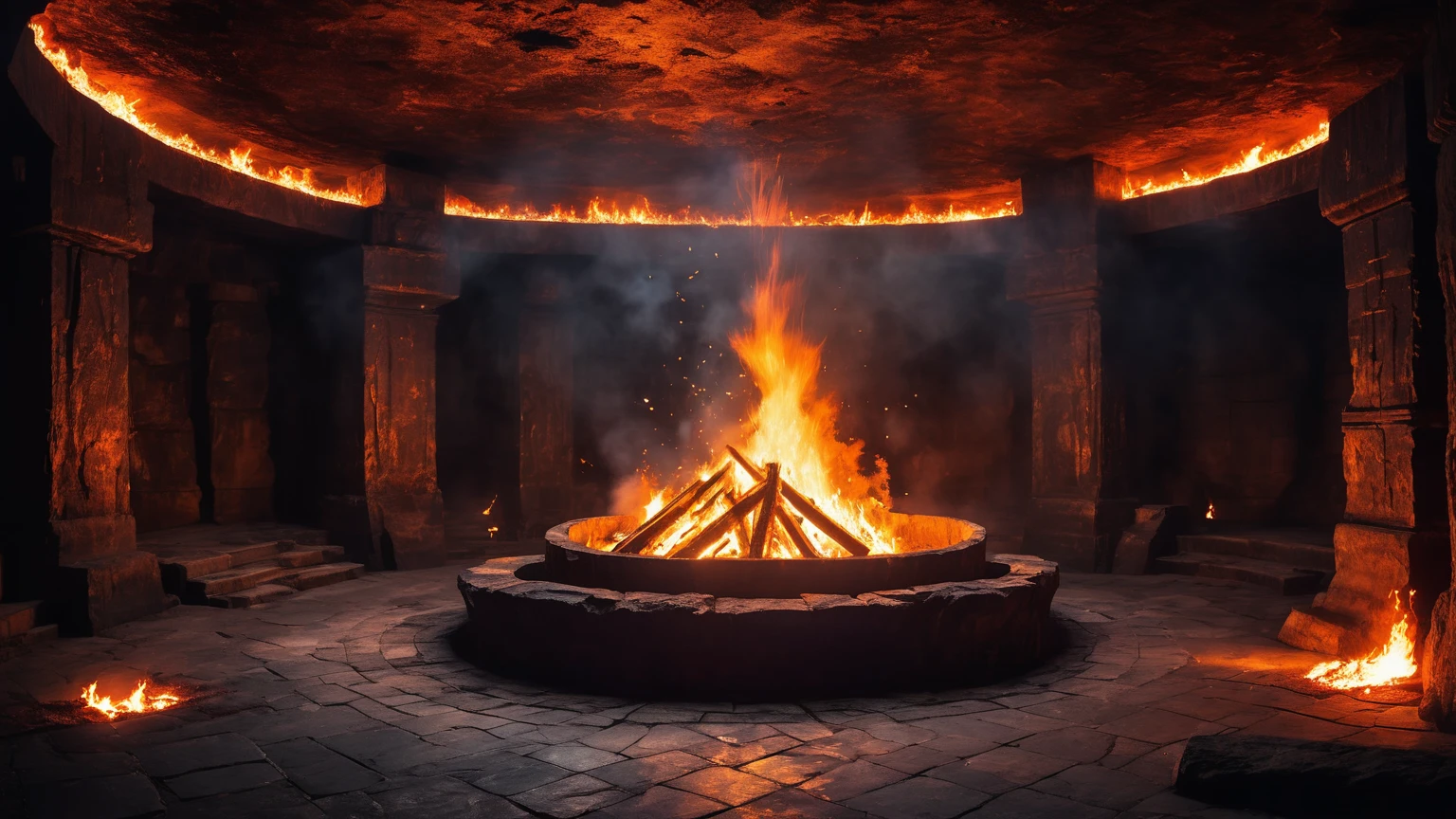 interior of a large dark chamber with a fiery pit with a overpowering raging fire & lighting strikes, fire, embers, ritual, epic, fantasy, underground, background