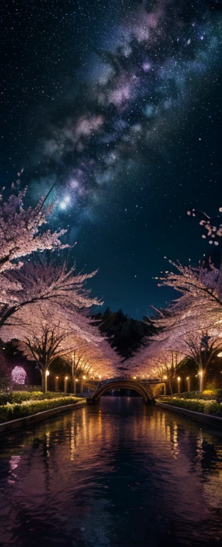 masterpiece, concept art, panorama, in the center, figure, wide shot, flower garden, night, (Meteors), Space galaxy background, (magnificent composition, epic proportions), dynamic lighting, Bright colors, cherry blossoms,