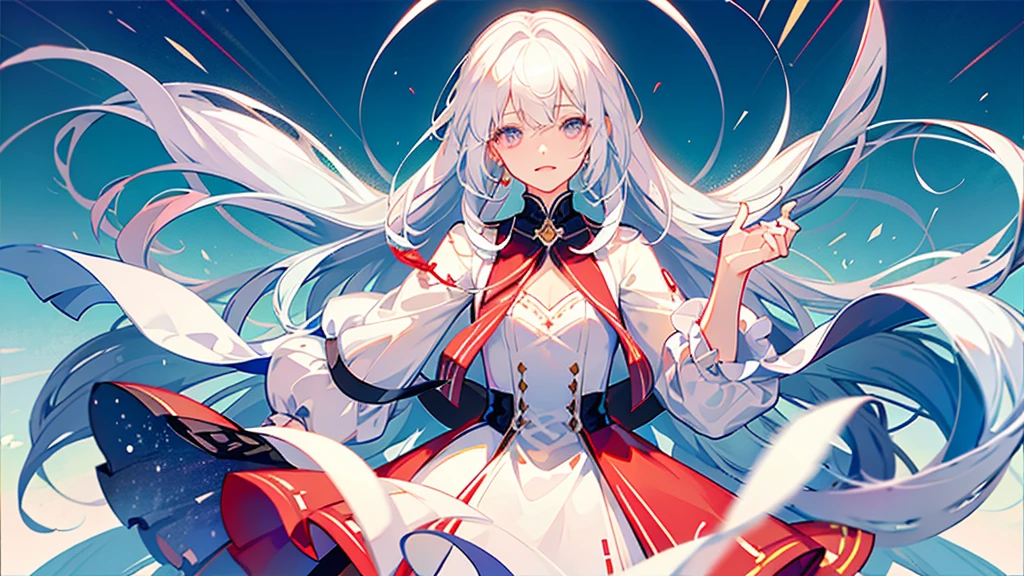 White hair, long, beautiful boy, cute, dress, androgynous, left eye white, right eye red, love, fleeting, unrequited love, solo White background