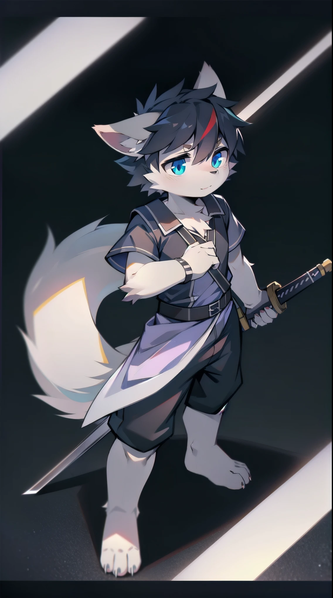 White Wolf，black hair，Sky blue eyes，hairy，Wolf ears，Wolf tail，Full body portrait，The character is in the center of the frame，Handsome，Confident eye***but，juvenile，Black and white combat uniform，Red neck bib，Black shorts，Short sleeve，hairy arms and legs，Dark background，Dark battlefield，dawn，sunrise，dawn，illumination，shadow，Swordsman，Scabbard and Hold the hilt of a in your hand，The scabbard is at the waist，Highest quality