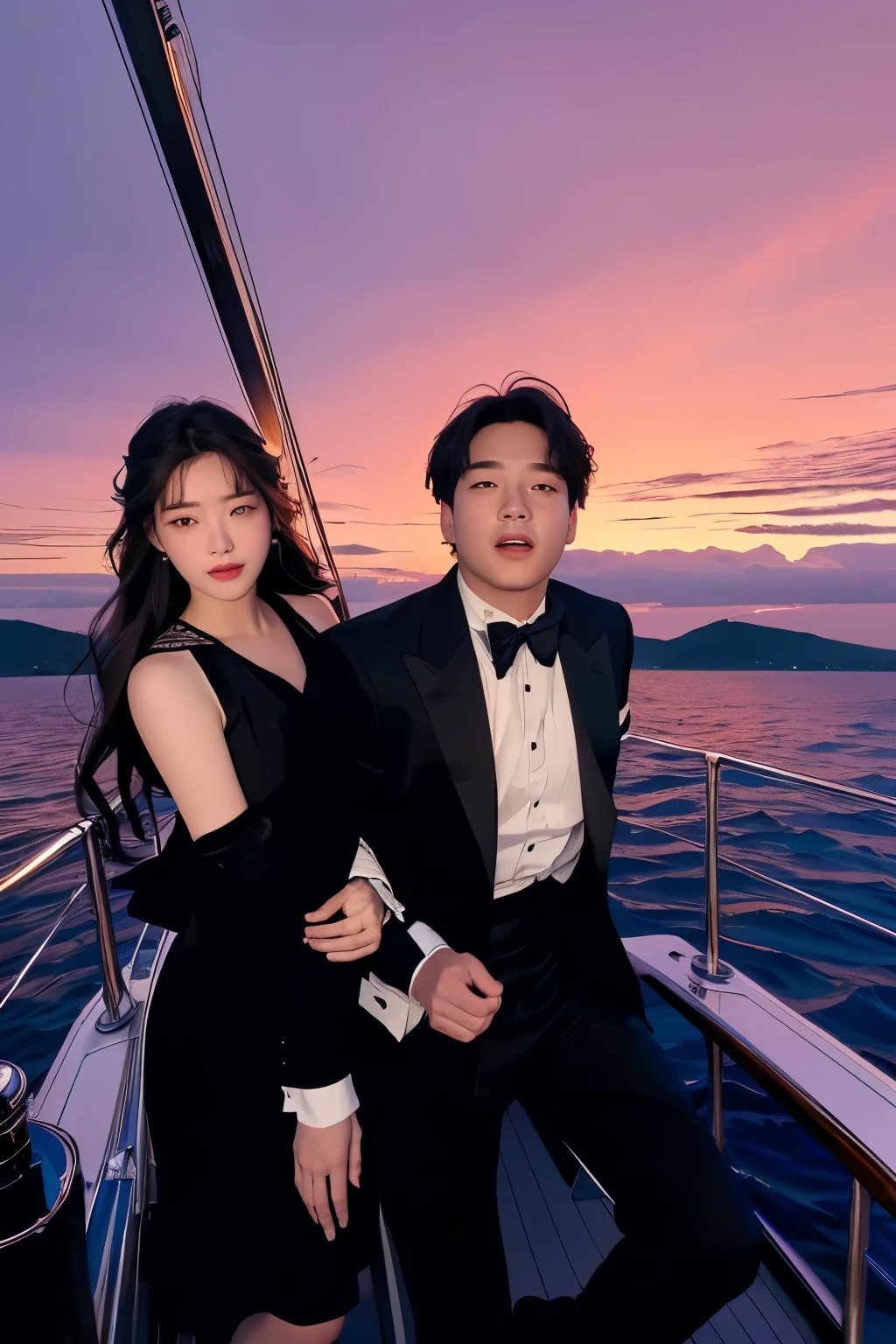 8K, masterpiece, 아름다운 여성 on a boat at sunset, titanic, At sea, rotoscoped, Carl Eugen Kiel(Carl Eugen Keel)Works inspired by, at sunset, Thrilling and romantic, movie stills, by Susan Heidi, By Thomas Dalziel, Inspired by Hans Price, cinematics, at dusk!, at sunrise, on the bow, (Highly detailed facial expressions),