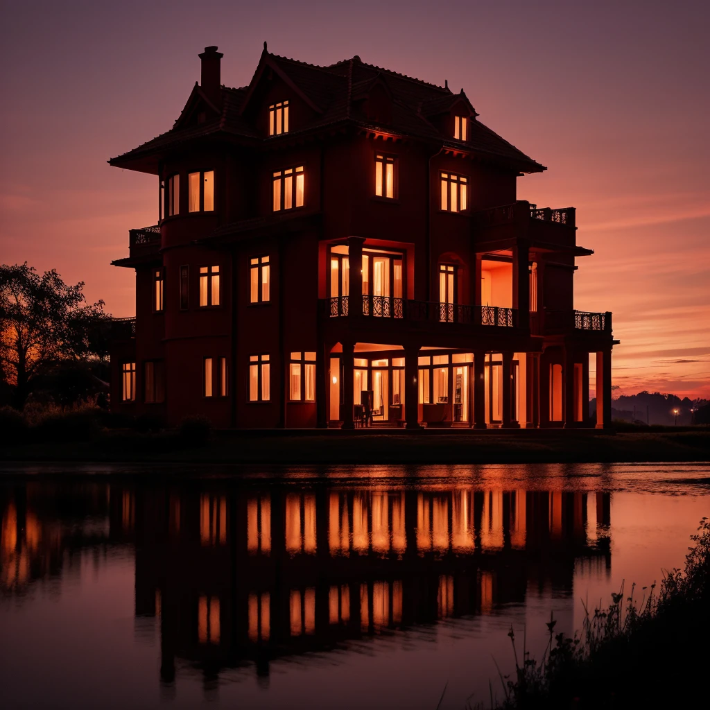 A beautiful calm horror & elegant house, in the night make red sky and red light blend, not building just a sinple house