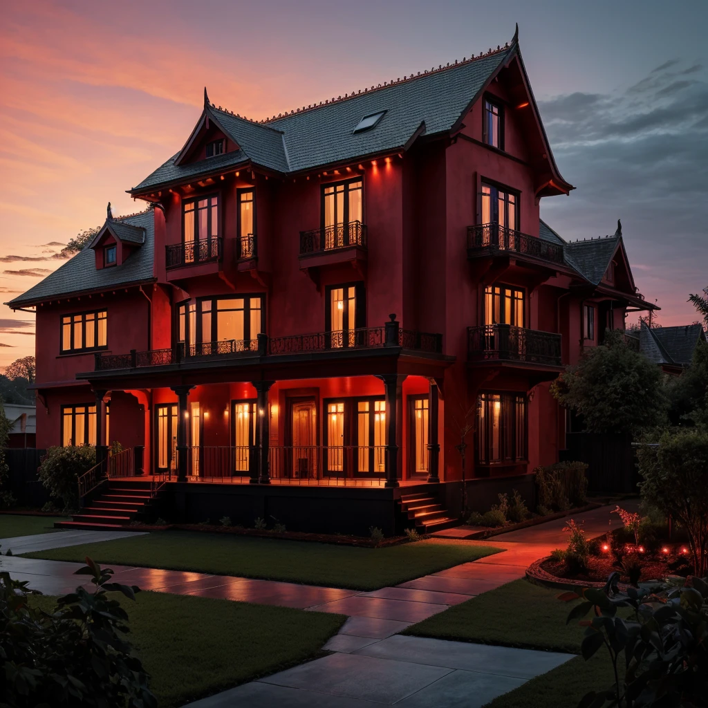 A beautiful calm horror & elegant house, in the night make red sky and red light blend, not building just a sinple house