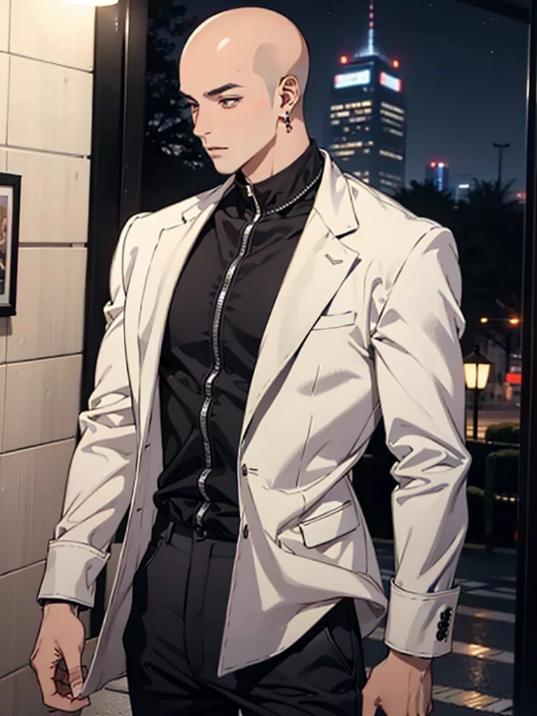 high resolution,Baldhead,male,Red pupil,earrings,show chest muscles,Chest muscles，White suit,Black pants,night