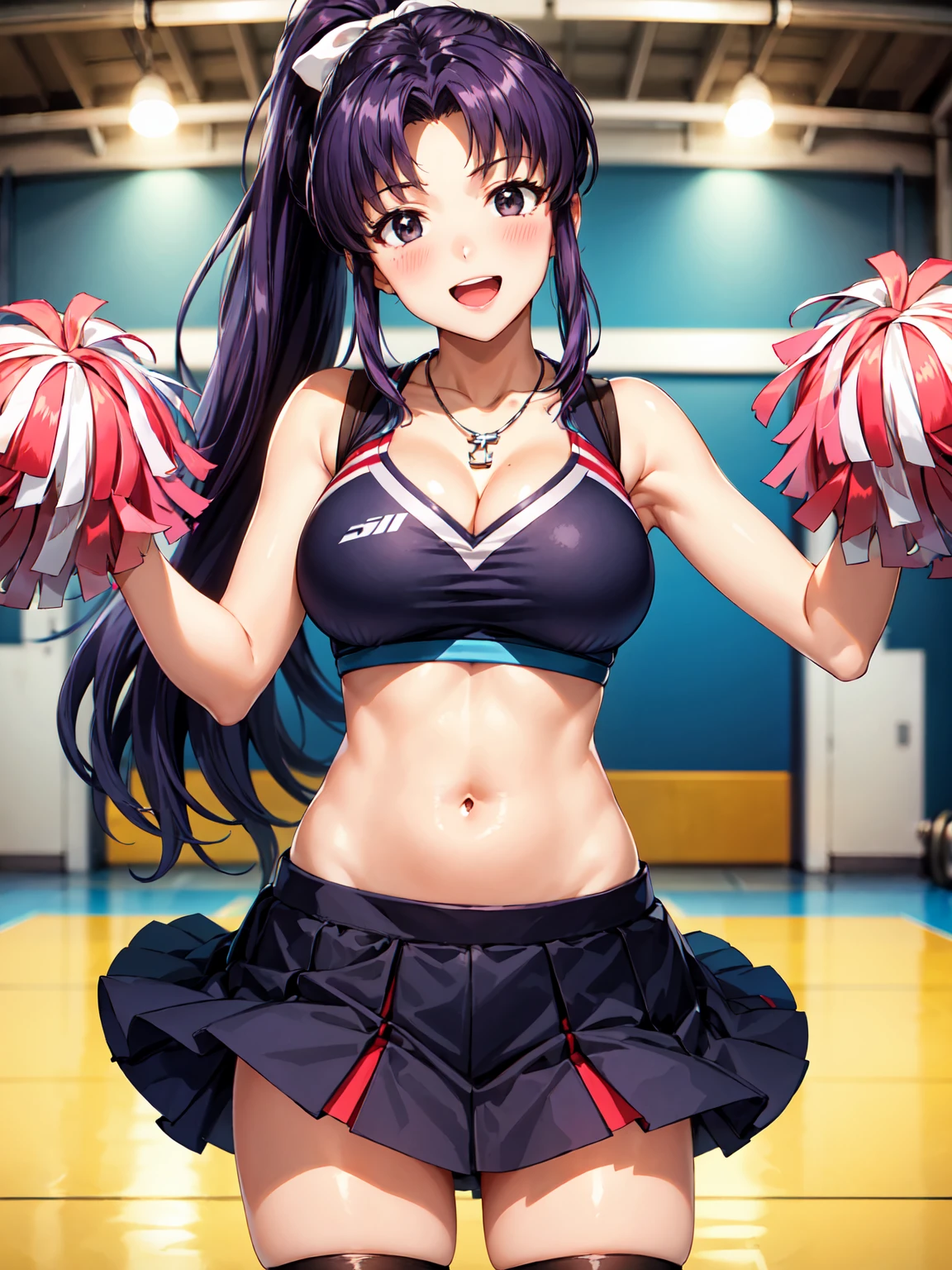 Masterpiece ,best quality , high resolution , ultra detail , colorful , soft light , mild light , sunlight , shinny , (perfect fingers , Detailed fingers, perfect hands) , (1 girl solo:1.38) , (Misato katsuragi) , (black eyes, ponytail , purple hair, medium_long_hair, make up, necklace, tall, slim body,) , (cheerleader , cheering , holding pom pom , skirt , navel , belly , stockings , head tilt) , (cleavage:1.15) , (big breast:1.1) , (outdoor , gym，Playing field，Cheerleading ，Strong winds，gale，ribbons flying，victory) , (standing cowboy shot) , ( full face blush , shy , smile , open mouth) , (face viewer , look at the viewer)