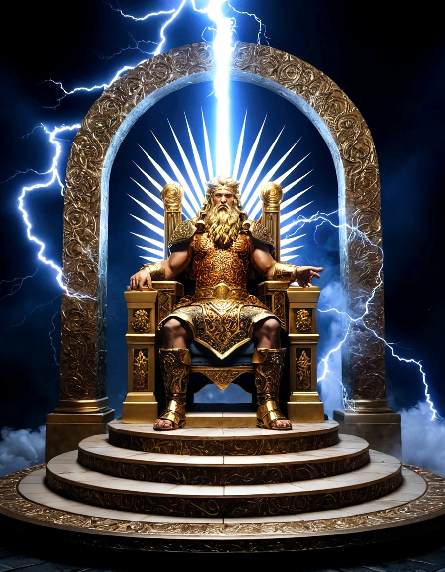 Zeus sitting on throne of power, pointing his golden-club ahead, angry expression, immerse from smoke, uhd, extremely detailed, fantasy art, digital manipulated portrait, red smoke surround, massive lightning, heavenly light, intricate