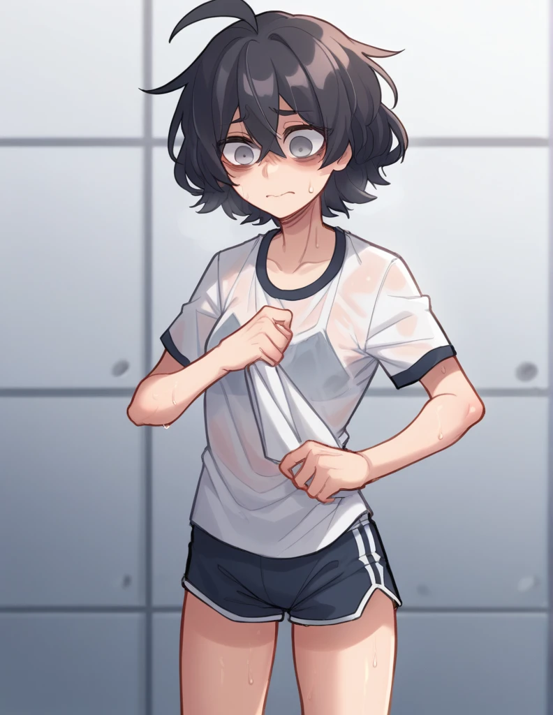 1 girl, alone, ppka, black fur, short hair, messy fur, Ahoge, parts, parts por todo el cuerpo, grey eyes, empty eyes, sad eyes, blind, very nervous, slight smile, maid, 
exercise clothes, mini sports shorts, short negro, sweaty sports shirt, sweat,
Limpiando sweat con una toalla