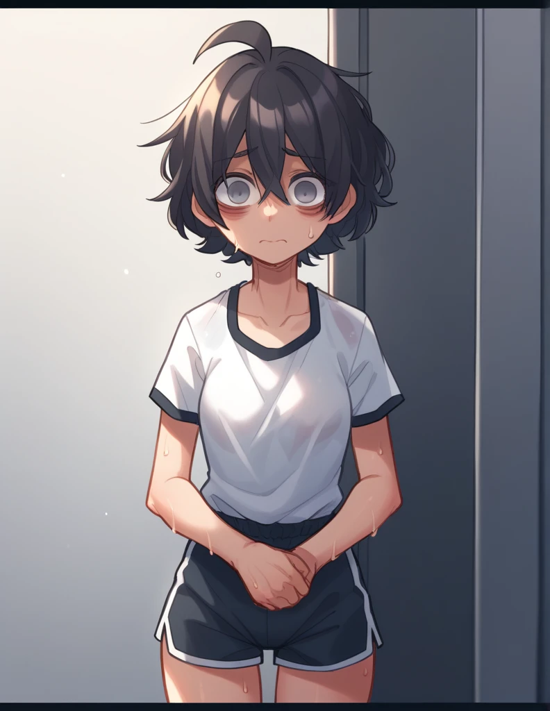 1 girl, alone, ppka, black fur, short hair, messy fur, Ahoge, parts, parts por todo el cuerpo, grey eyes, empty eyes, sad eyes, blind, very nervous, slight smile, maid, 
exercise clothes, mini sports shorts, short negro, sweaty sports shirt, sweat,
Limpiando sweat con una toalla