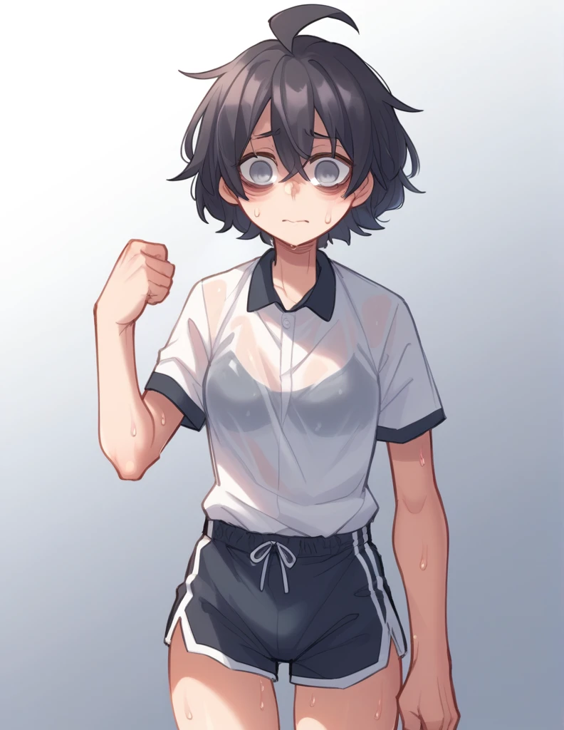 1 girl, alone, ppka, black fur, short hair, messy fur, Ahoge, parts, parts por todo el cuerpo, grey eyes, empty eyes, sad eyes, blind, very nervous, slight smile, maid, 
exercise clothes, mini sports shorts, short negro, sweaty sports shirt, sweat,
Limpiando sweat con una toalla