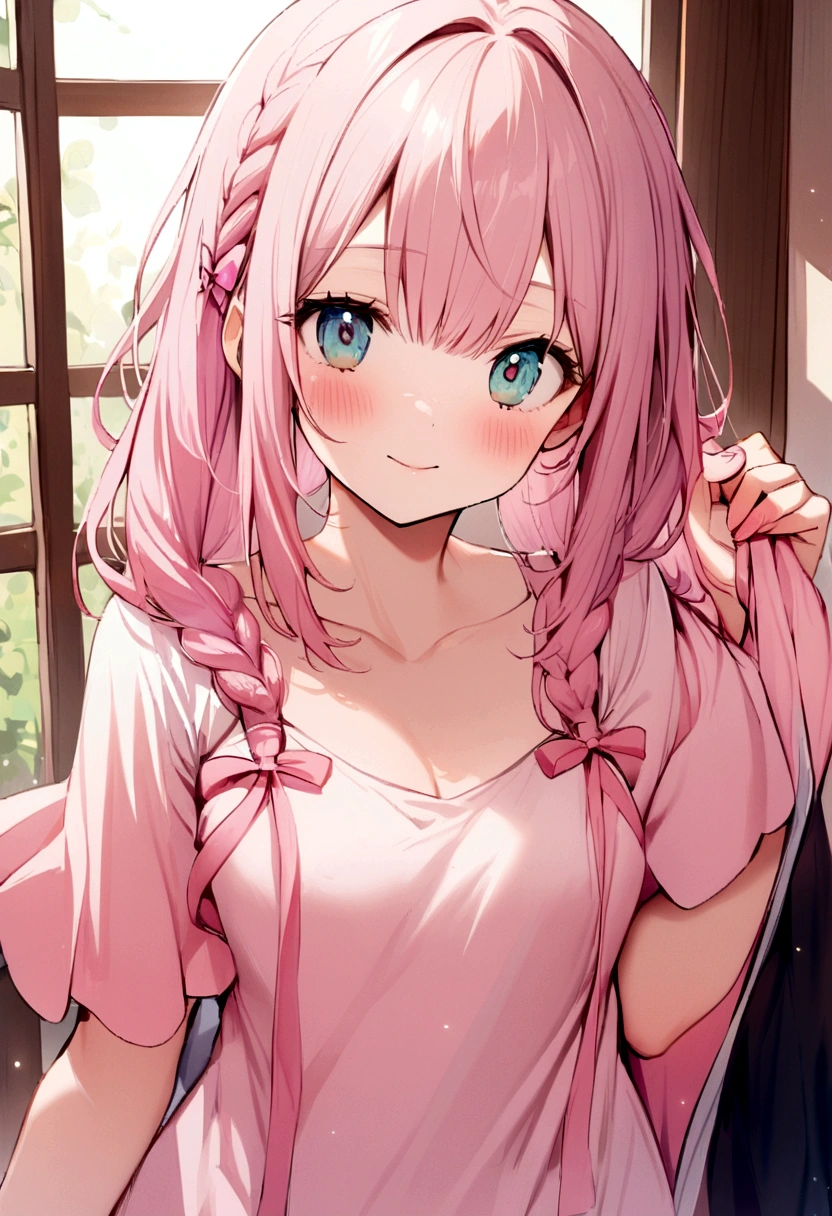 A girl with pastel pink two-tie hair was holding her sister's shoulder