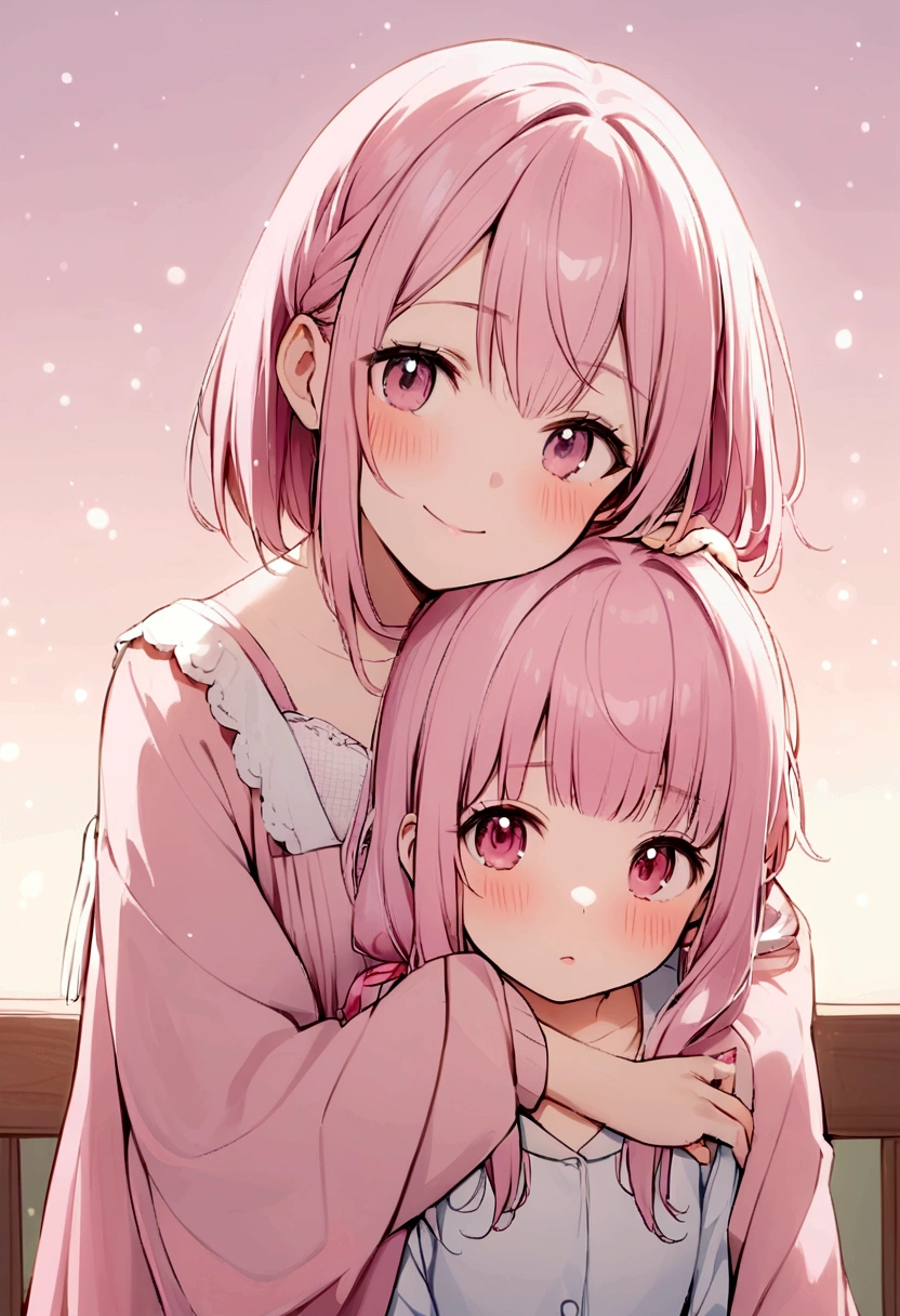 A girl with pastel pink two-tie hair was holding her sister's shoulder