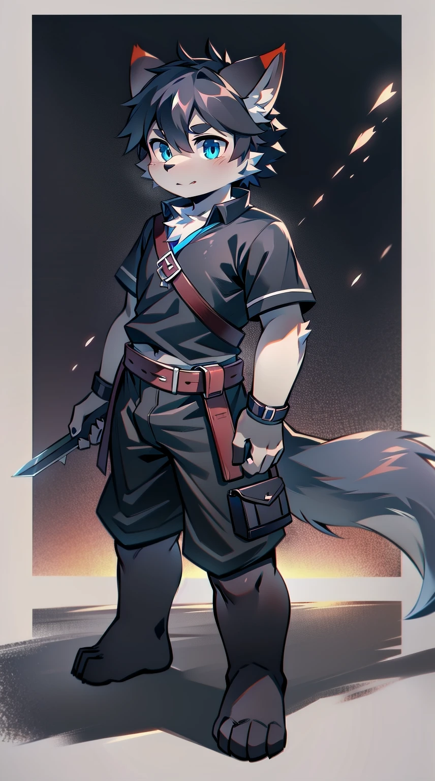 White Wolf,black hair,Sky blue eyes,hairy,Wolf ears,Wolf tail,Full body portrait,The character is in the center of the frame,Handsome,Confident eye***but,juvenile,Black and white combat uniform,Red neck bib,Black shorts,Short sleeve,hairy arms and legs,Dark background,Dark battlefield,dawn,sunrise,dawn,illumination,shadow,Swordsman,Scabbard and Hold the hilt of a in your hand,The scabbard is at the waist,Highest quality