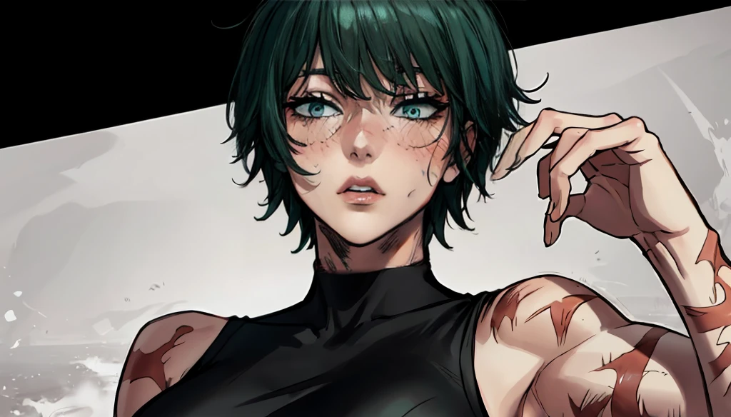 (masterpiece:1.2, best quality:1.2, beautiful, high quality, highres:1.1), detailed, short hair, short fluffy hair, short green hair, extremely detailed 4K, perfect eyes, perfect face, scar on body, circle glasses, Maki Zenin LoRA, black shirt, scar on eye, scars, sleeveless, crop top, beautiful face, perfect lighting, (1girl, solo, adult female, mature female), thin, lithe body, Maki Zenin, green hair, glasses, (big breasts), ((sensual seductive))