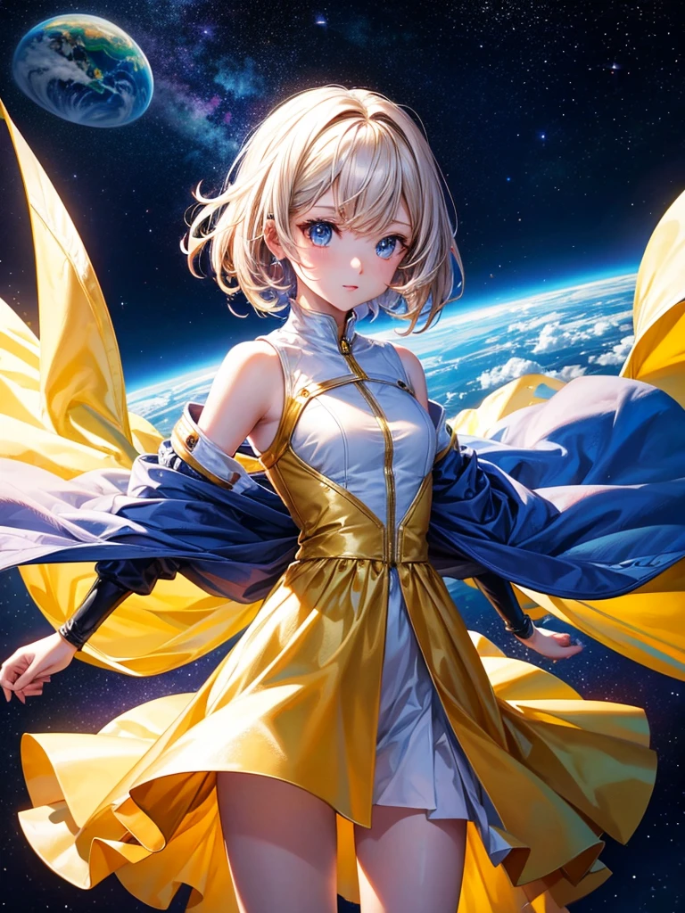 Highest quality,Highest Resolution,A beautiful android girl flying in space,Earth in the background,Get on the machine,