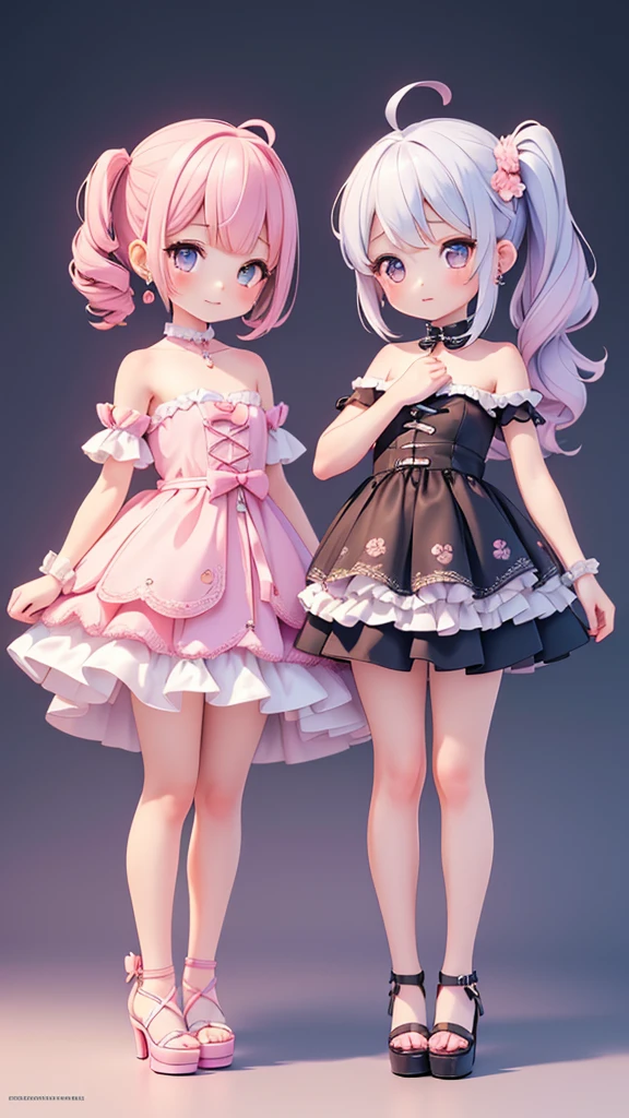 (armpits), (((petite bishojo, two girls))), ((kawaii face)), ((kawaii eyes)), ((masterpiece)), ((top quality)), ((hyper detailed)), (exquisite), (depth), (crisp), (8k), (beautiful and aesthetic), (super detailed skin), ((high standard)), ((high resolution)), ((perfect anatomy)), (full body), (blush), (side ponytail), (ahoge), ((strapless dress)), (earring)