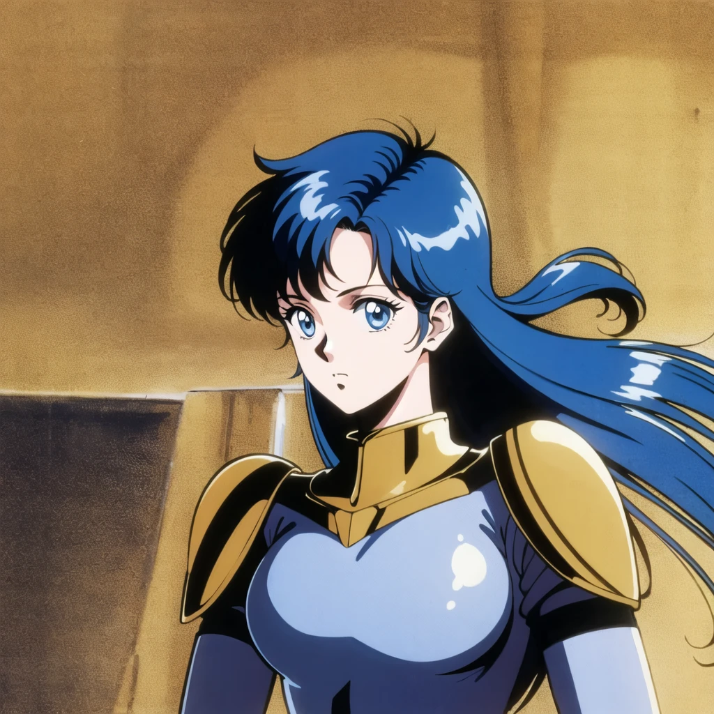 Yuuko Asou, blue eyes, blue hair, complete body , gold armor, movie scene, dark fantasy, wallpaper. Anime 80s style 