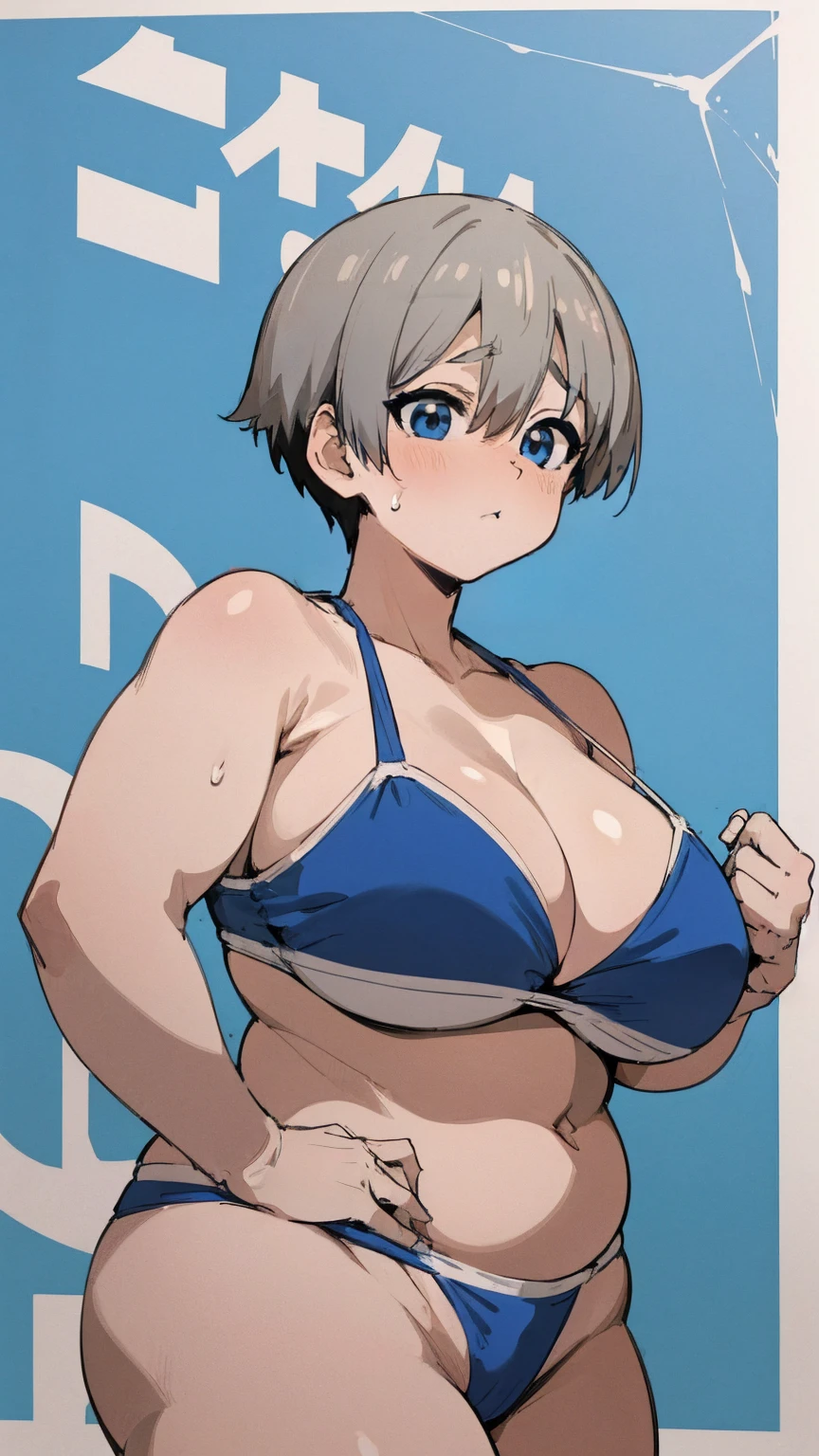 masterpiece, best quality, ultra-detailed, Potrait of beautiful , (chubby) (muscular), (plump), (sexly), (cleavage), ((tomboy)), (アニメ), (Breasts), (Plump), ((very short hair)), ((Uzaki Hana)), (overweight), (Gray Hair), ((Saggy breasts)), (blue eyes), (Short Hair), (blue eyes), ((thick)), (swimsuits),