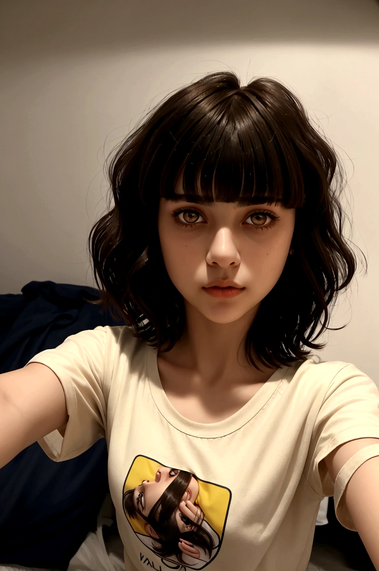 true-to-life portrayal, frontal camera, of a young girl, adolescent, (Lebanese), fly away, t-shirt larga, Rock style, ((short wavy hair with bangs)), ((amber eyes)), Selfie, night in an apartment