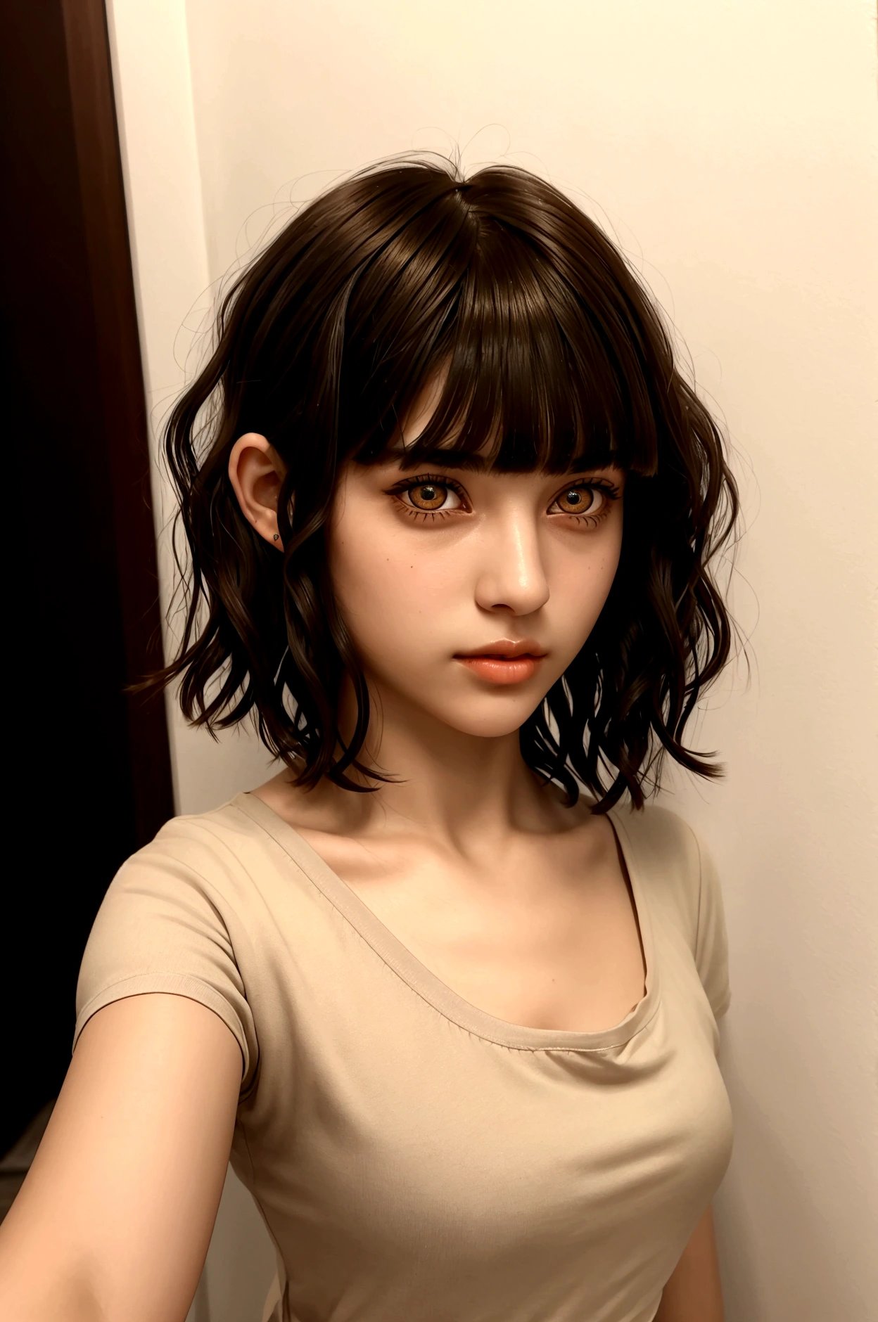 true-to-life portrayal, front front camera, of a young girl, adolescent, (Lebanese), fly away, t-shirt larga, minimal style, Beautiful woman, ((short wavy hair with bangs)), ((amber eyes)), Selfie, night in an apartment