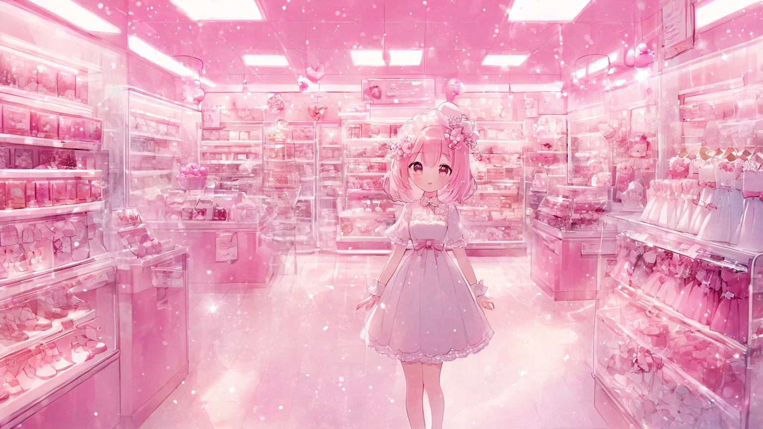 kawaii, no humans, a mannequin store display of a beautiful feminine coquette pink and white lace dress, glitter